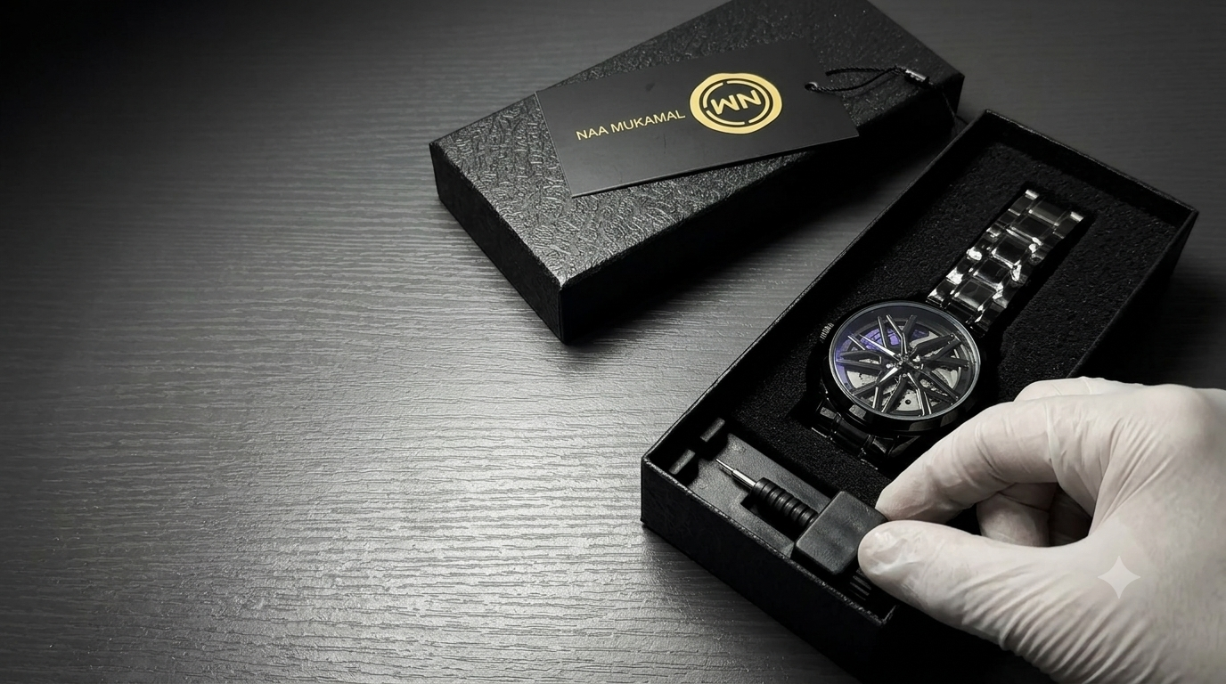 A black watch with a skeleton dial in a black box with a tool for watch maintenance. The box features a label with the logo 'NN' and the name 'NAA MUKAMAL'.