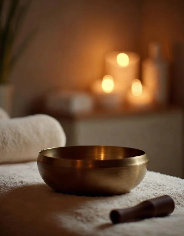 Brass singing bowl on a soft textured white cloth, with a wooden mallet nearby, in a dimly lit cozy space with blurred candles in the background.