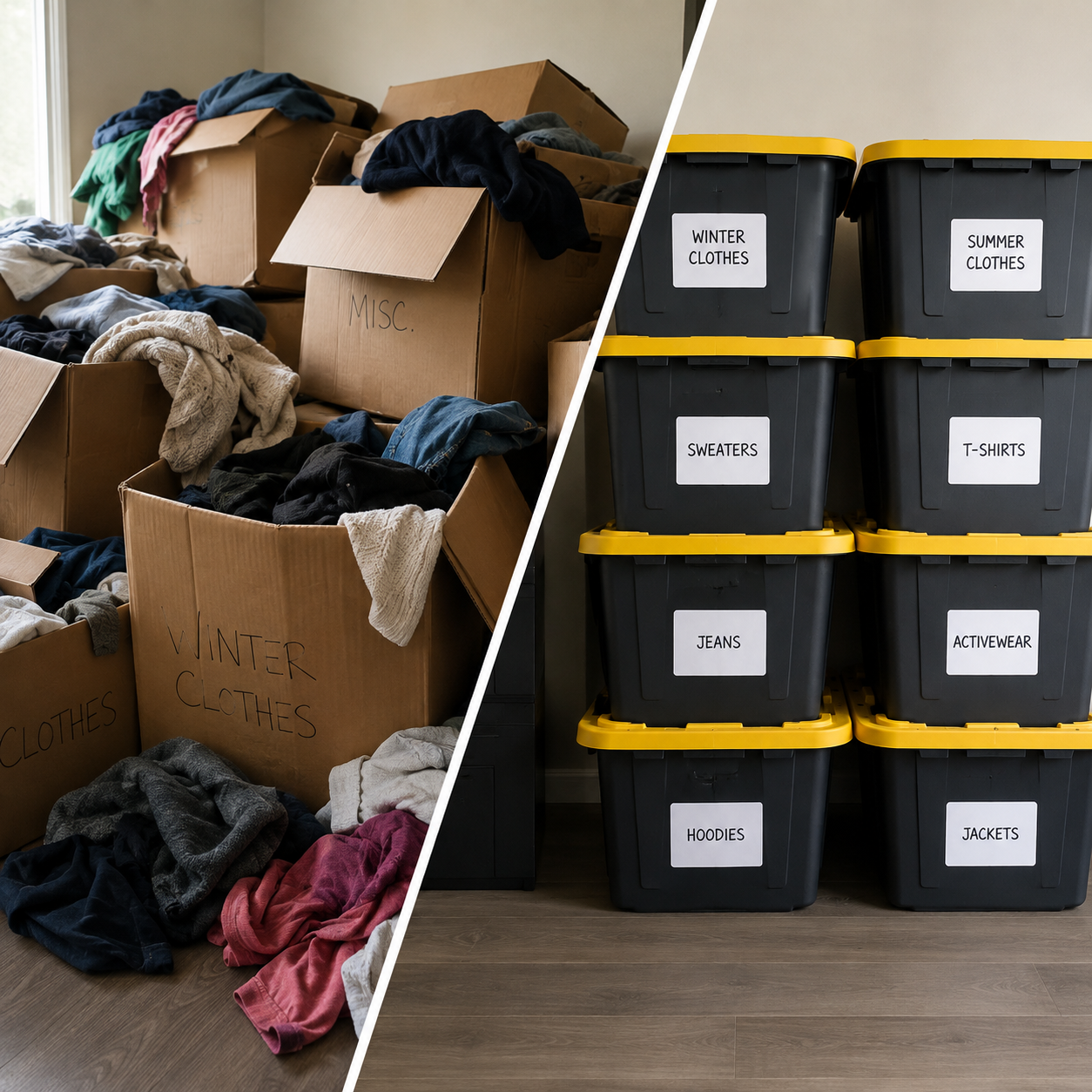 Side-by-side comparison photo of laundry organization: on the left, open cardboard boxes with mixed clothes labeled "Winter Clothes", "Misc." and others, cluttered and unorganized; on the right, stacked labeled plastic bins for specific clothing categories such as "Winter Clothes", "Summer Clothes", "Sweaters", "T-Shirts", "Jeans", "Activewear", "Hoodies", and "Jackets" in a tidy closet.