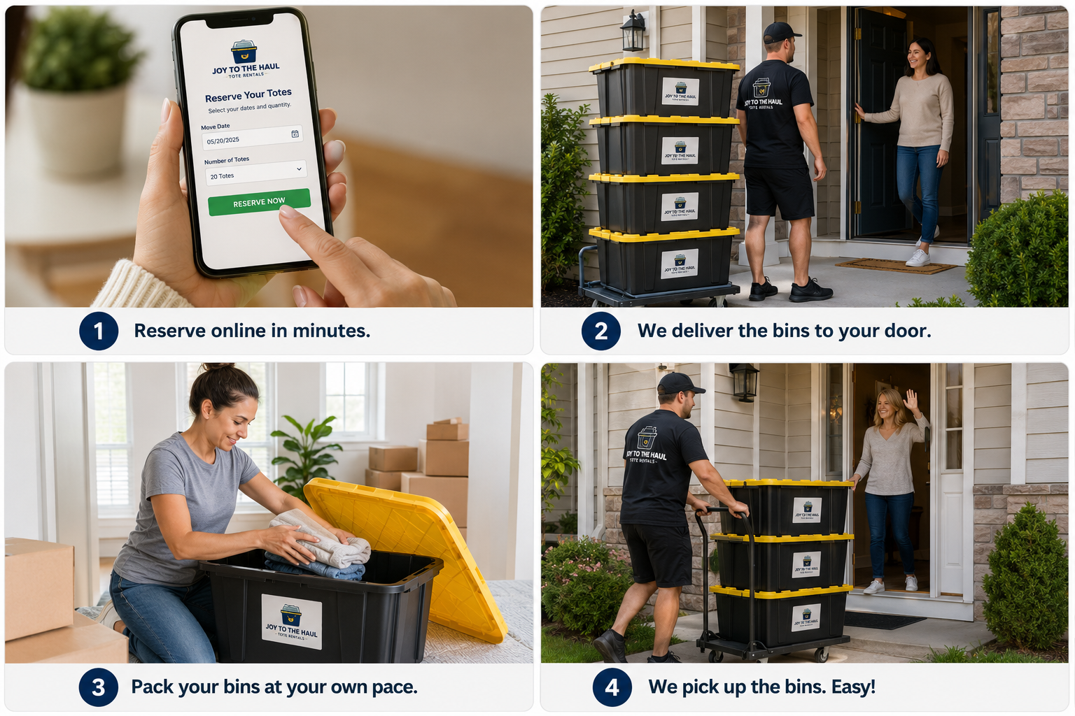 Step-by-step guide for a trash bin rental service. Step 1: A person reserves trash bins online using a smartphone. Step 2: Delivery person brings multiple black bins to a customer's front door. Step 3: Customer packs the bins at her own pace inside her home. Step 4: Delivery person picks up the bins from the customer's house.