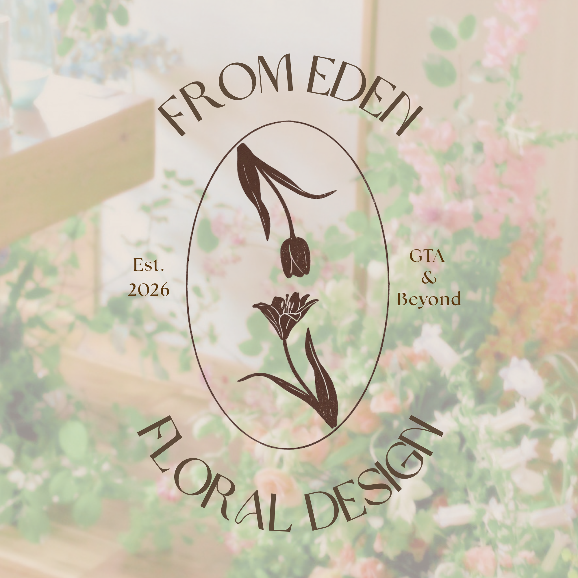 A logo for 'From Eden Floral Design' features a stylized flower within an oval, with text around it. The background appears to be a blurred floral pattern.