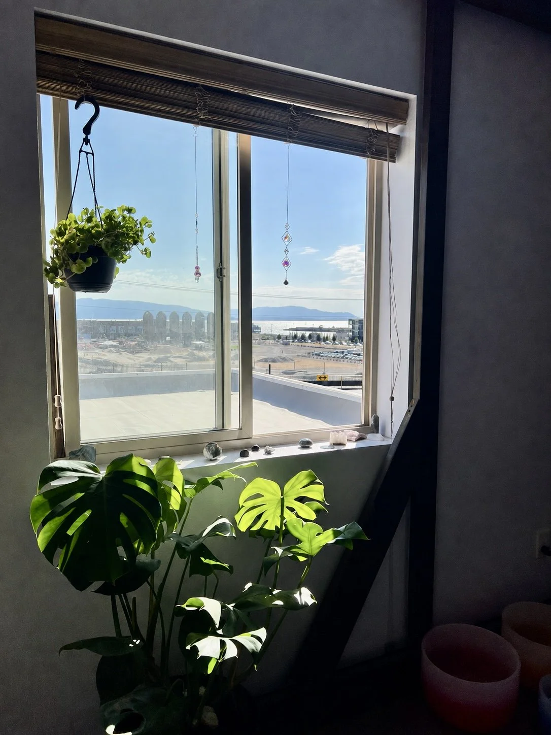 Indoor scene with a window shelf holding decorative stones and small hanging ornaments, overlooking a cityscape with mountains and body of water in the distance; indoors includes a large leafy plant near the window and hanging potted plant.