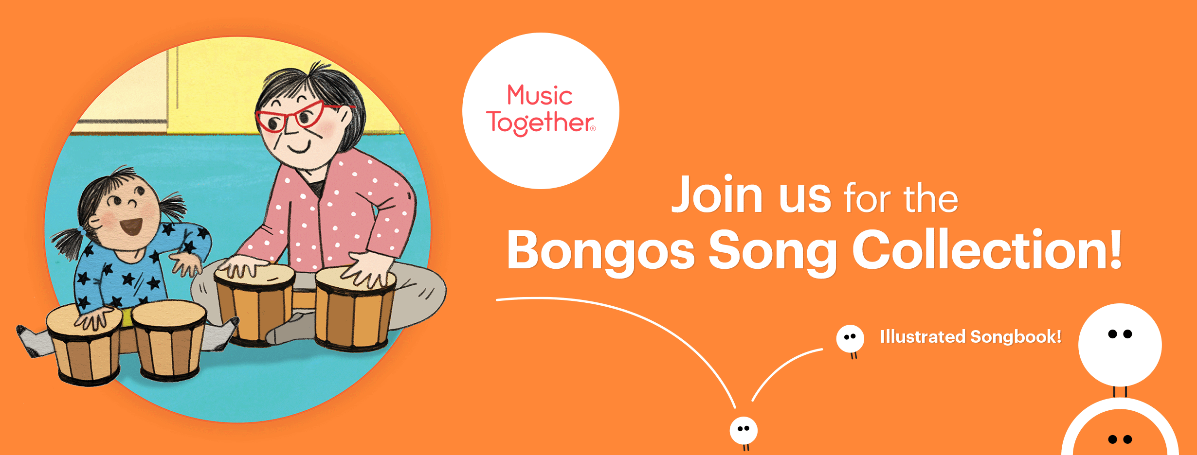 Illustration of a woman and a young girl playing bongos together in a room, surrounded by musical notes and text promoting a song collection for children.