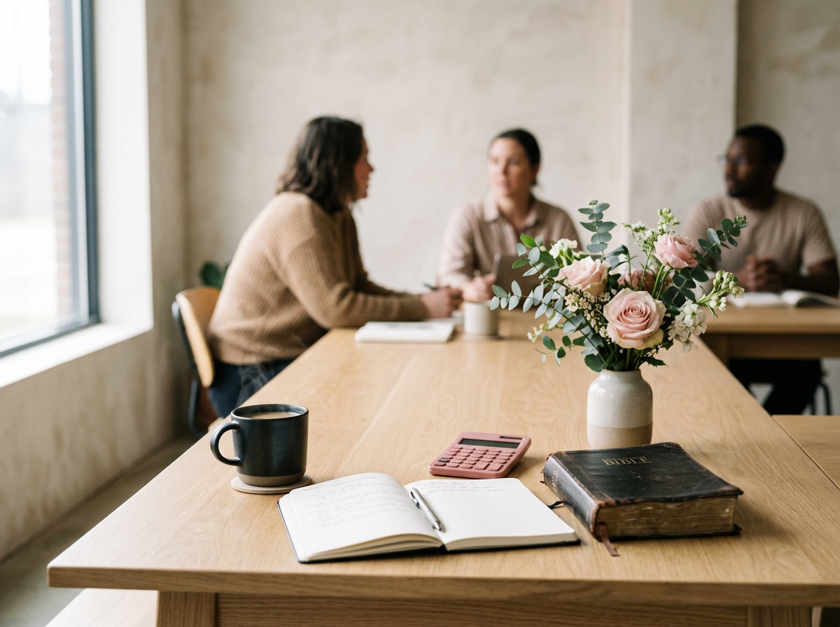 A meeting room with three people talking at a wood table. The table has a black coffee mug, an open notebook, a pink calculator, a black book, and a vase with pink roses and green foliage.