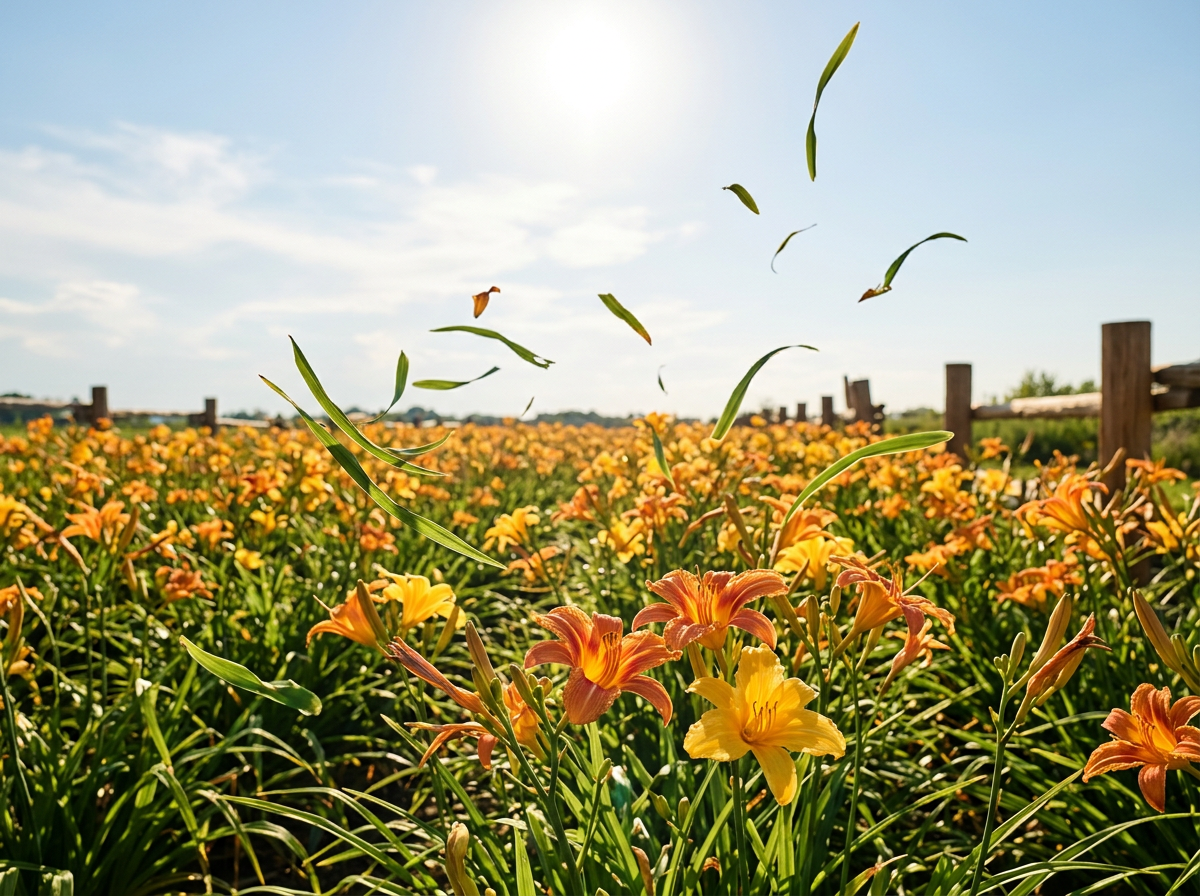 Field of blooming orange and yellow lilies under a clear blue sky with a few clouds, bright sunlight, and a wooden fence in the background.