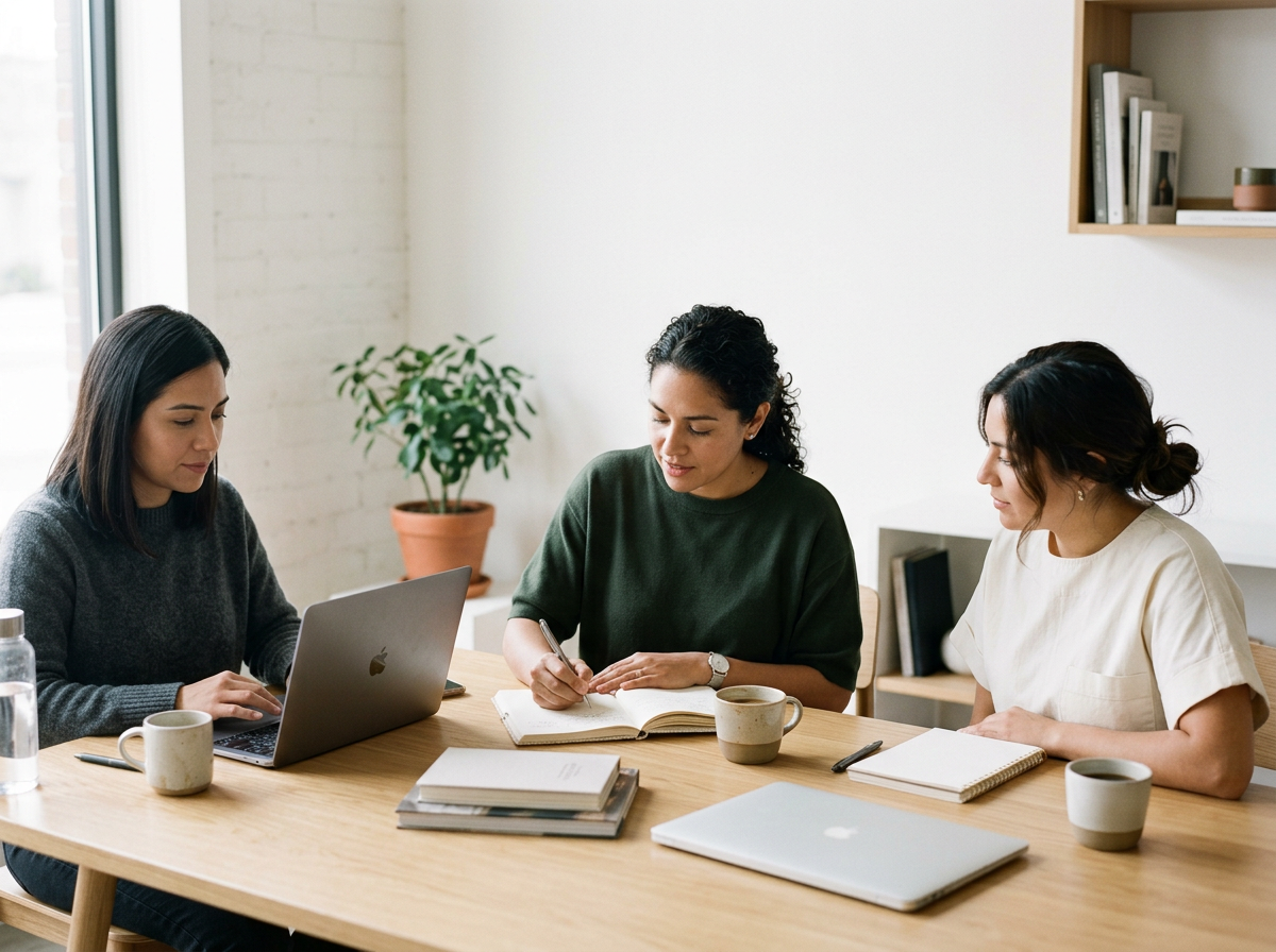 Three women sitting at a wooden table in a bright room, engaged in a meeting or discussion with laptops, notebooks, and coffee cups.