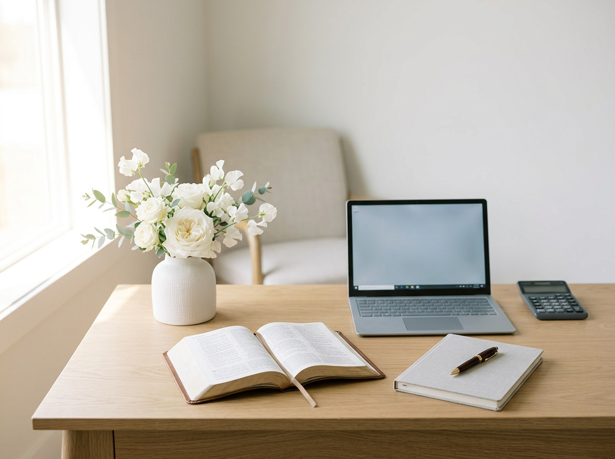 Home office workspace for faith-based financial mentorship sessions with Carolina Perez