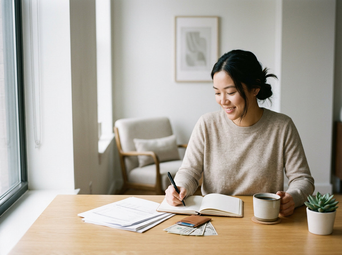 A woman sitting at a wooden table, writing in a notebook, with a steaming cup of coffee, some papers, a wallet, and a plant on the table, inside a bright, cozy room.