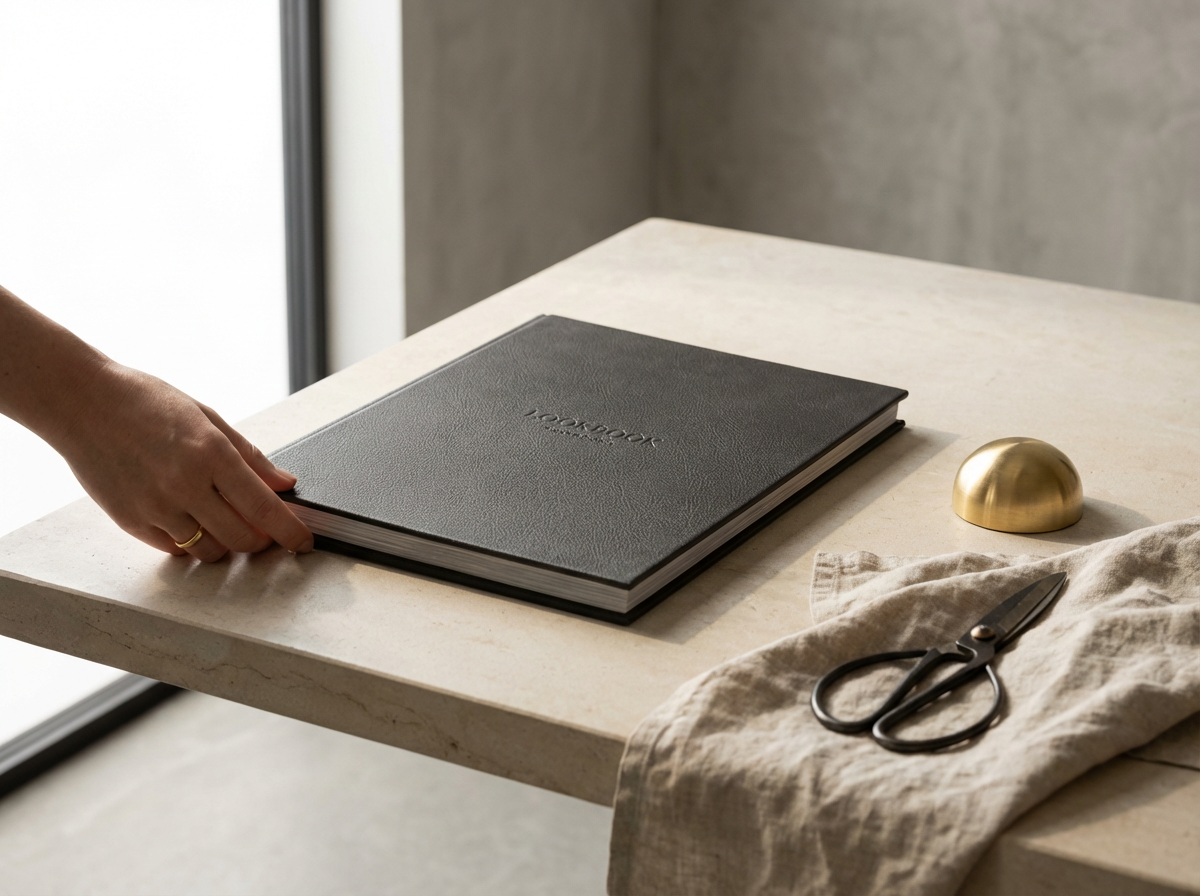 A person placing a black guestbook on a white marble table. On the table are scissors with black handles on a beige cloth and a golden half-sphere decor piece. A large window or doorway is in the blurred background.