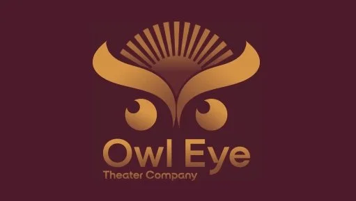 Logo of Owl Eye Theater Company with an abstract owl design in gold on a dark background.