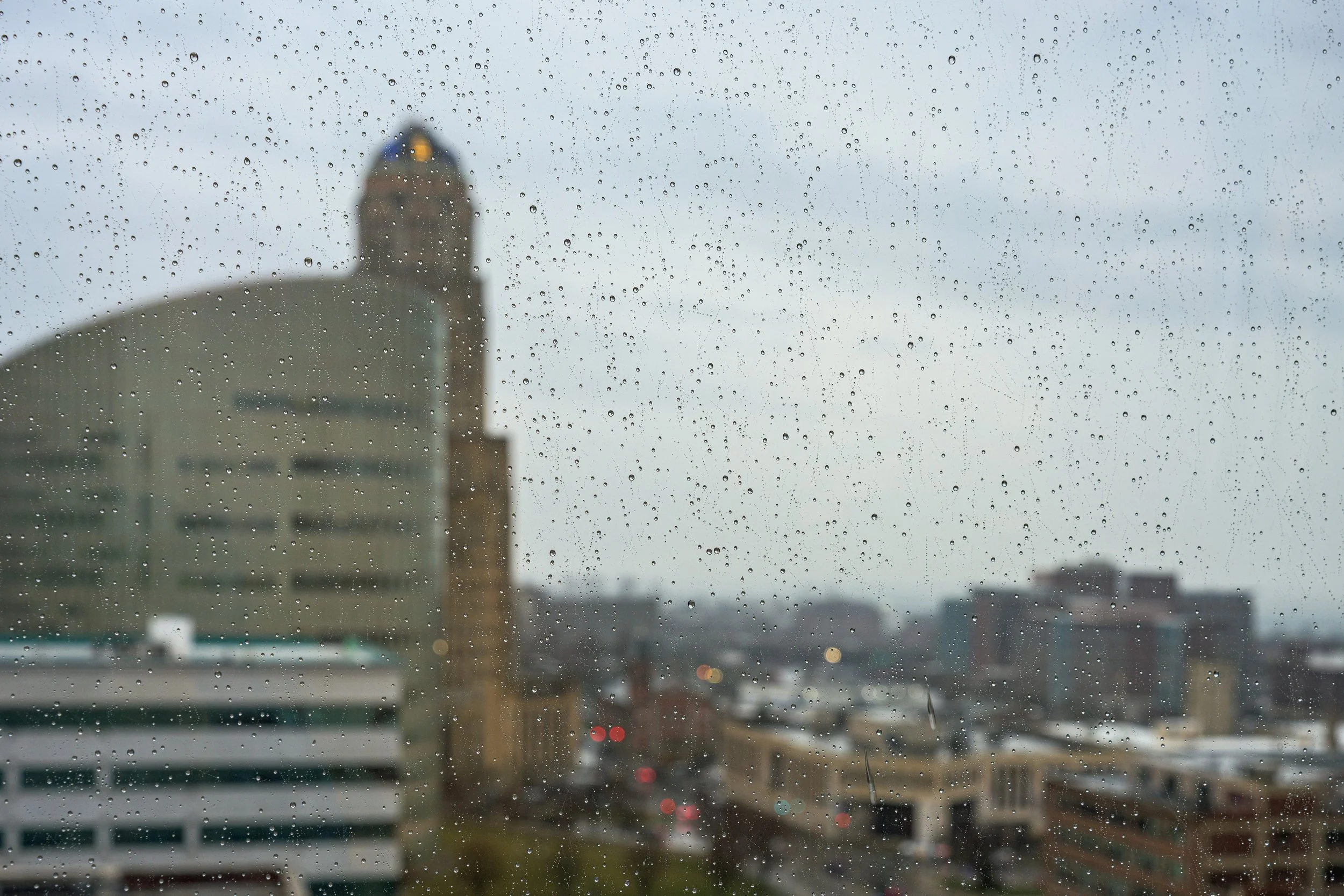 Downtown through a Rain-Soaked Window