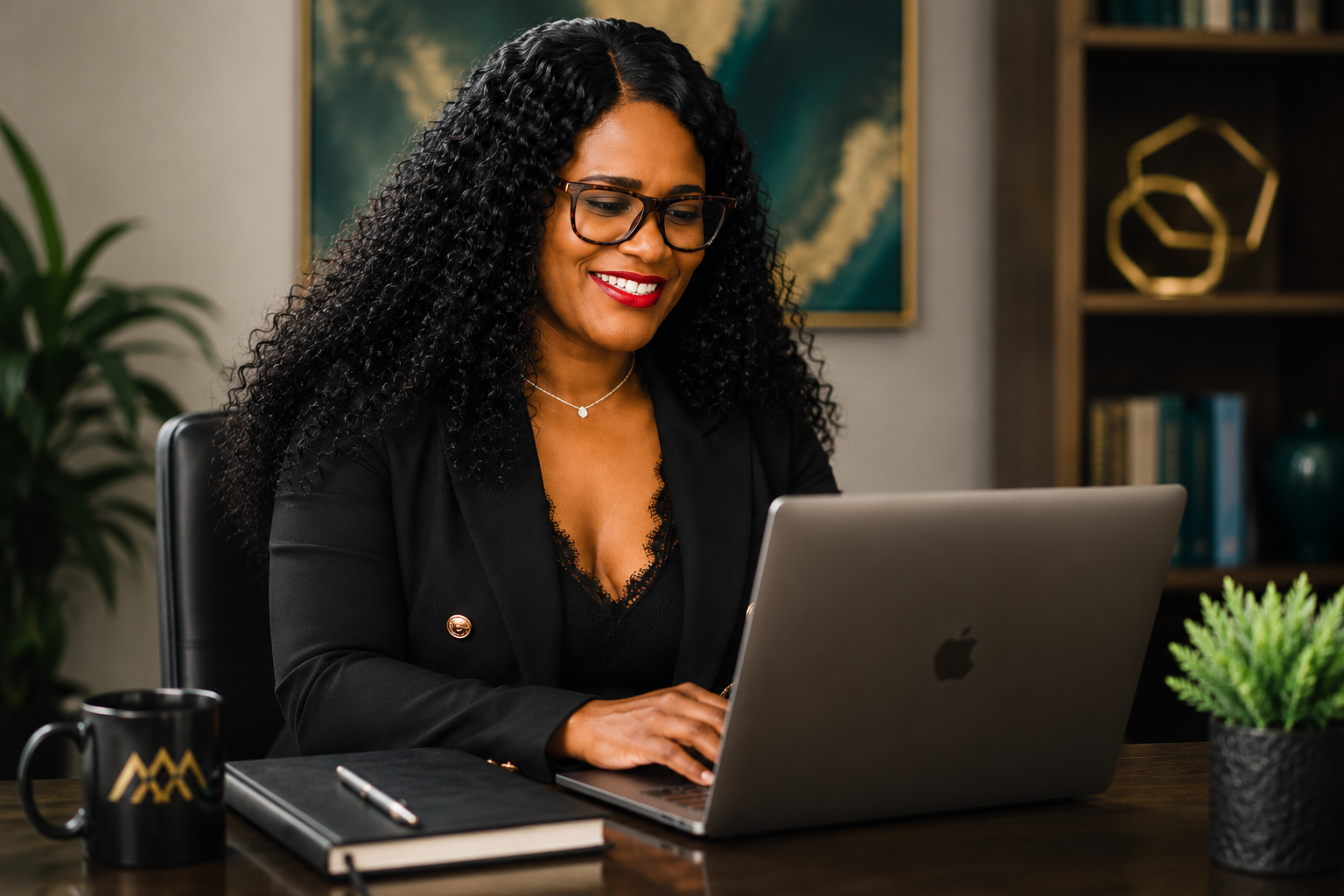 A woman with curly black hair, glasses, and a black blazer sitting at a desk working on a laptop, smiling.
