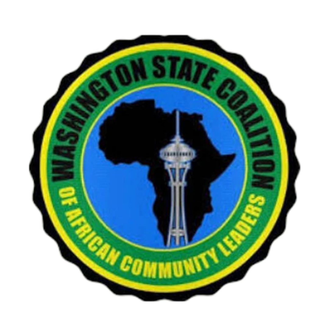Emblem of the Washington State Committee of African Community Leaders, featuring a map of Africa and the Space Needle in Seattle.