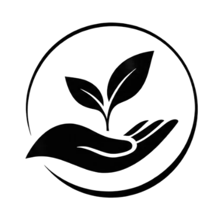 A hand holding a small plant with two leaves inside a circle, representing growth or environmental care.