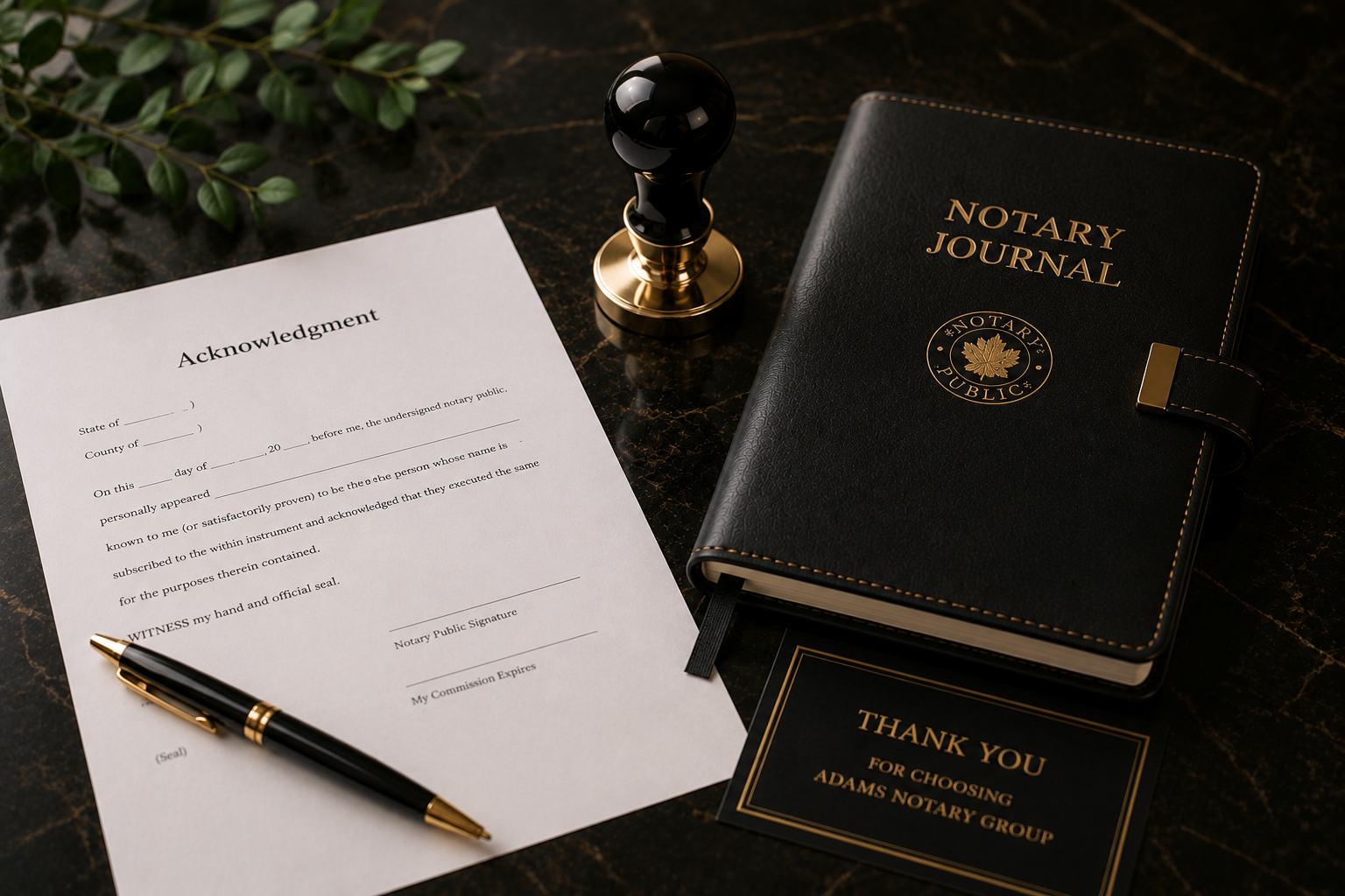 Notary journal, acknowledgment form, pen, notary stamp, and a thank you card on a dark marble surface.