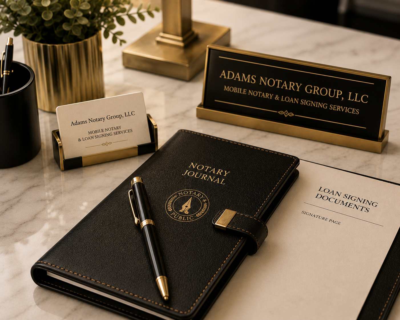 Business desk with a notary journal, pen, business cards, and signs for Adams Notary Group, LLC, indicating mobile notary and loan signing services.