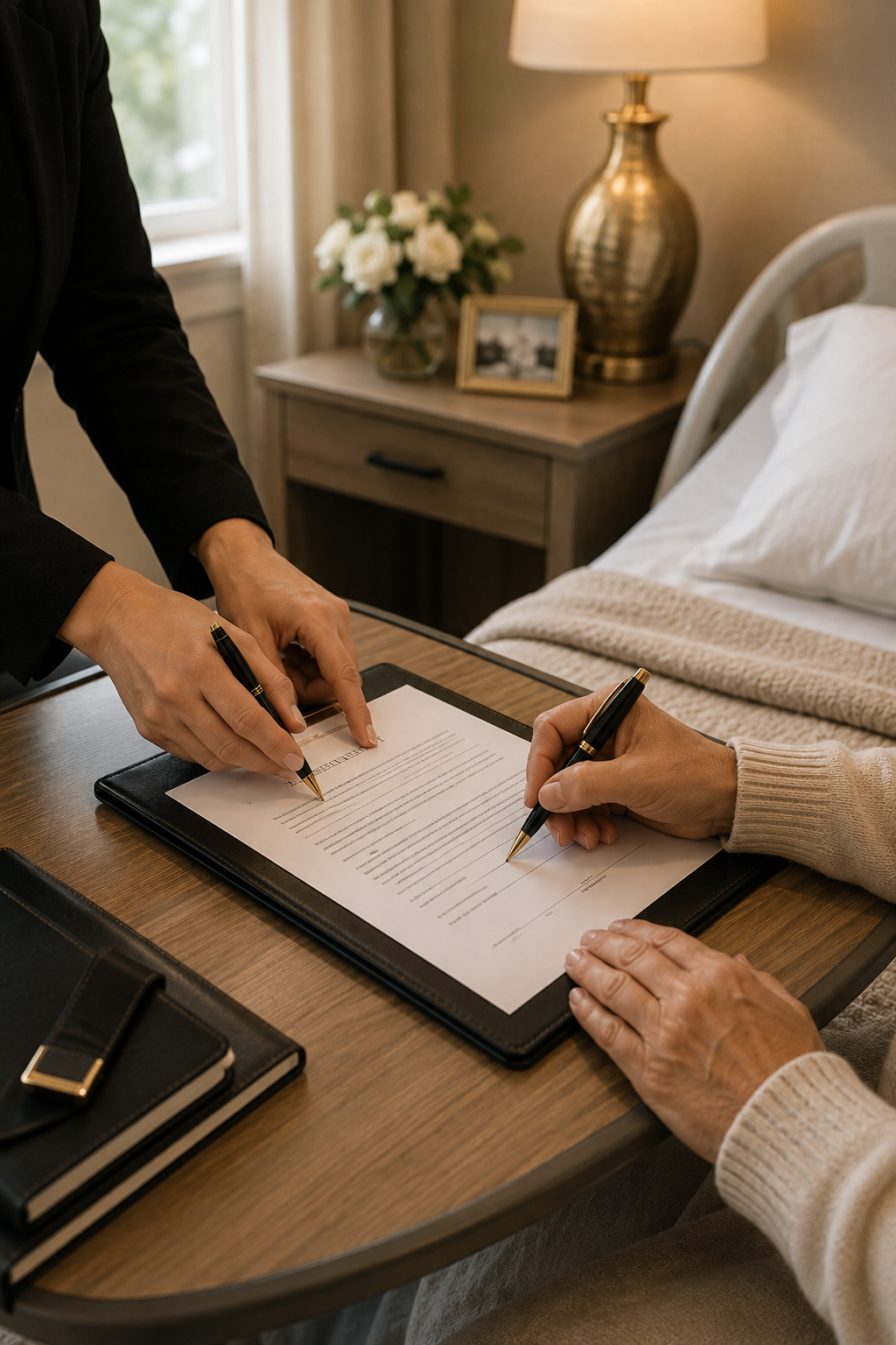 Two people signing a document at a wooden table in a bedroom with a nightstand, lamp, and framed photo in the background.