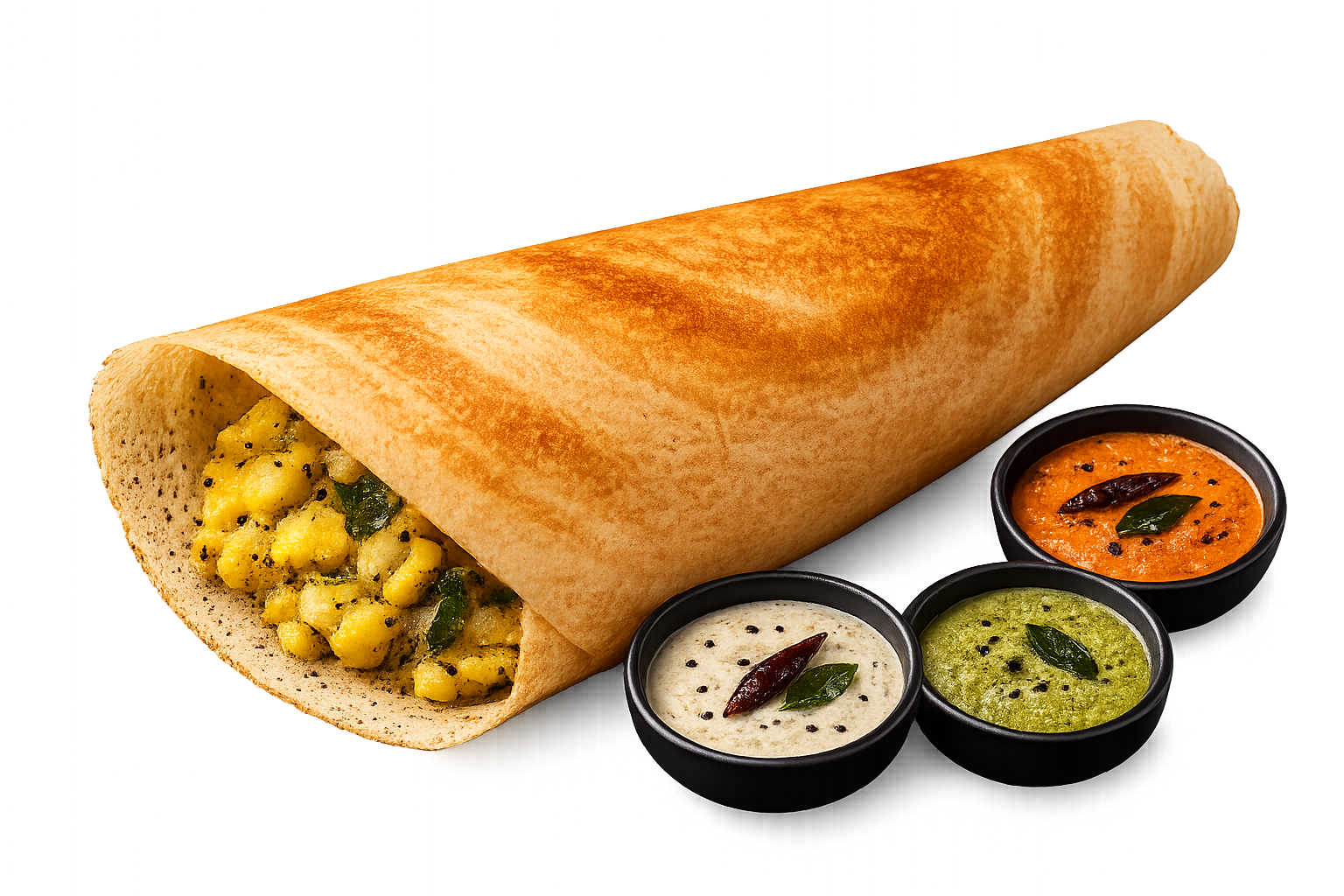 Indian masala vada with three different chutneys in black bowls.