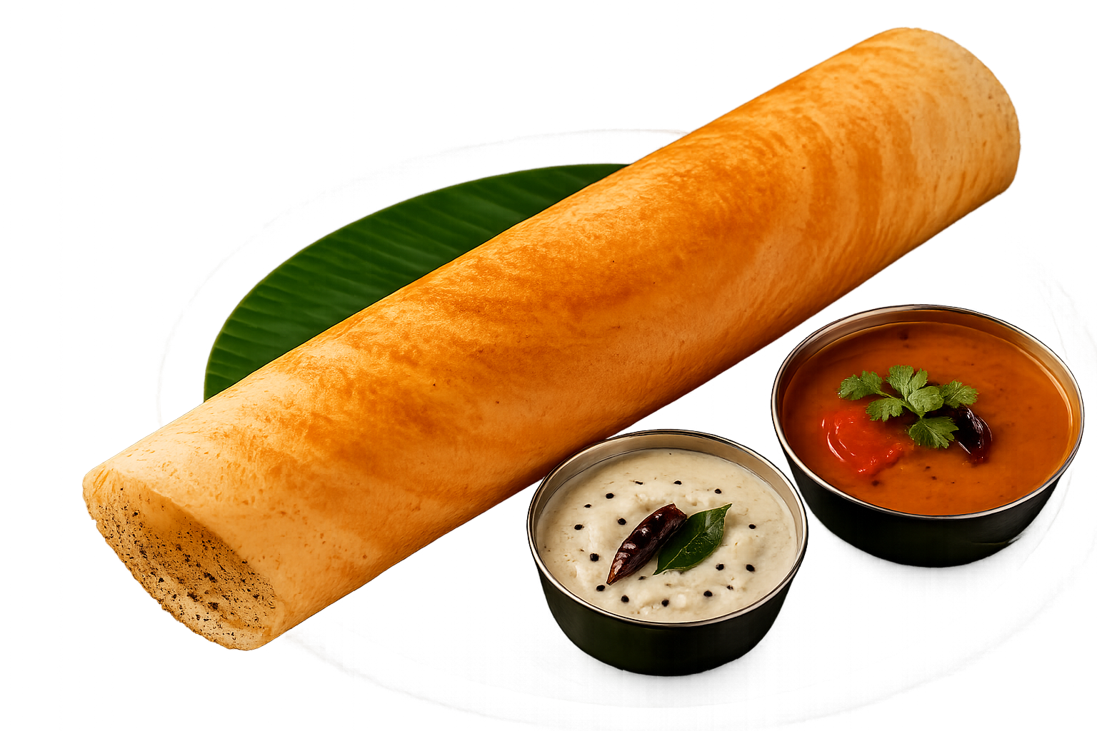 A large dosa pancake with two bowls of chutney and sambar, garnished with curry leaves and red chili, served on a dark platter with a green leaf underneath.