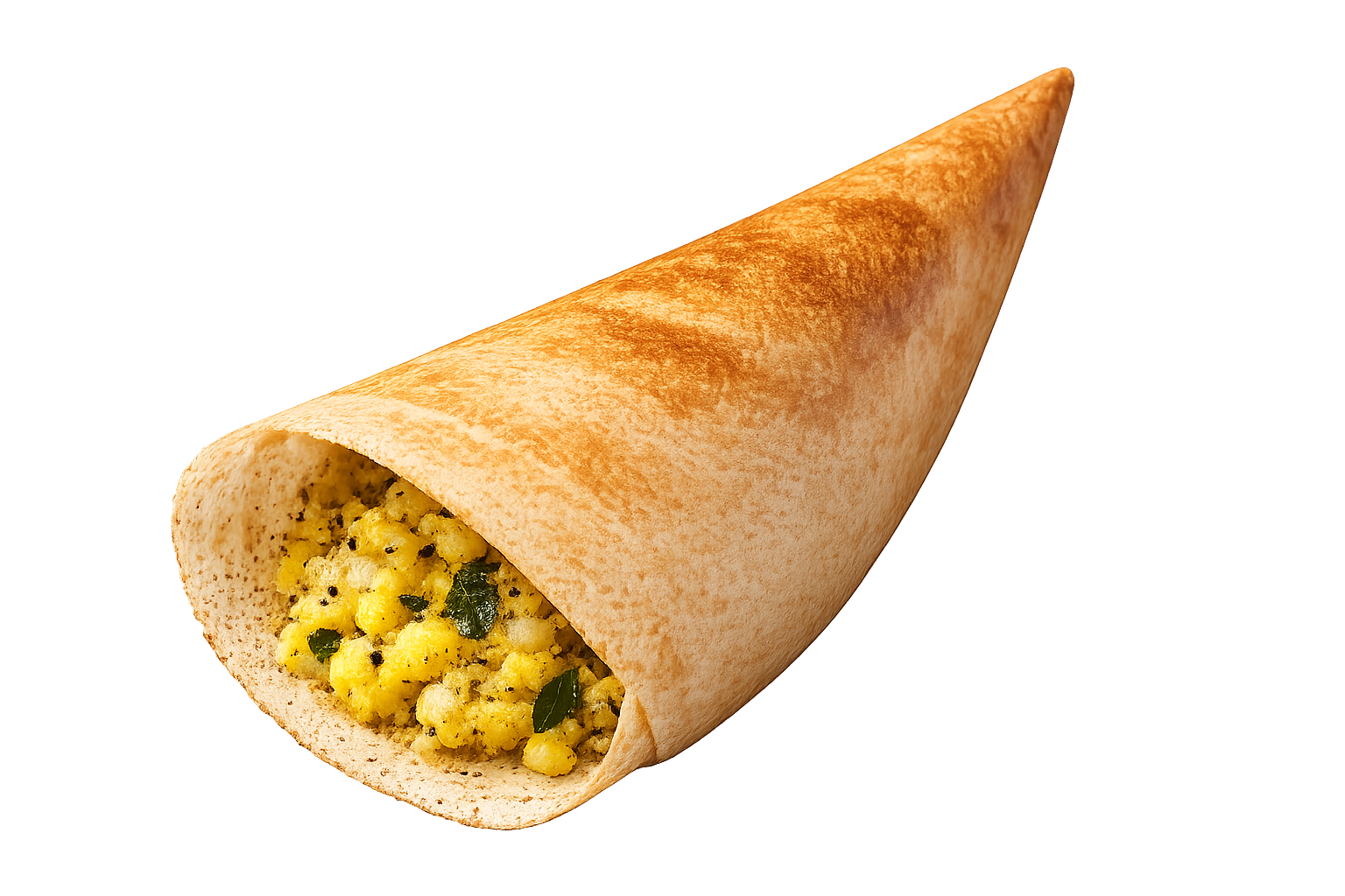 Close-up of a samosa, an Indian savory pastry filled with spiced potatoes and herbs.