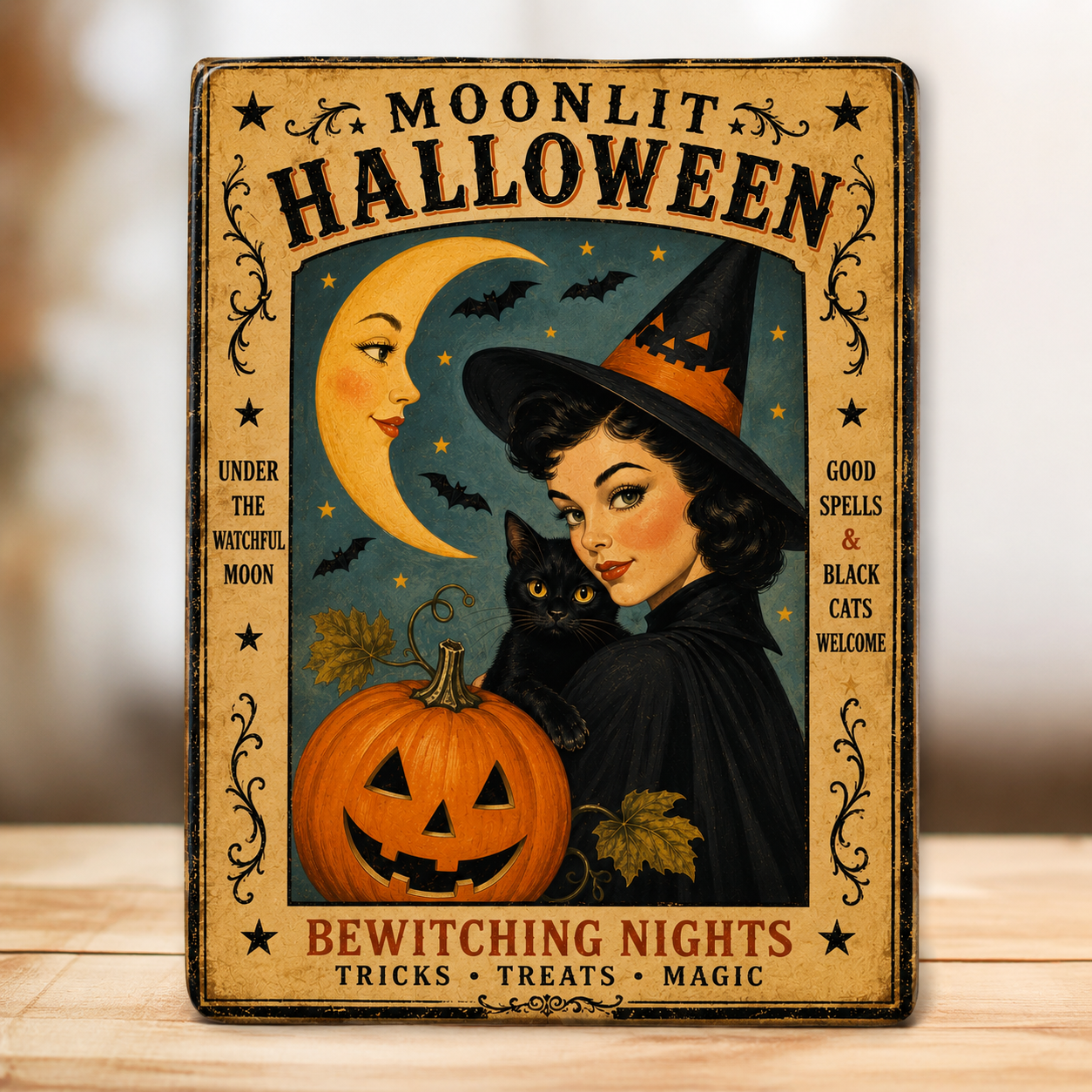 A vintage-style Halloween poster featuring a woman dressed as a witch with a black cat, a pumpkin, a moon with a face, and bats. The poster text reads: 'Moonlit Halloween, Under the Watchful Moon, Good Spells & Black Cats Welcome, Bewitching Nights, 