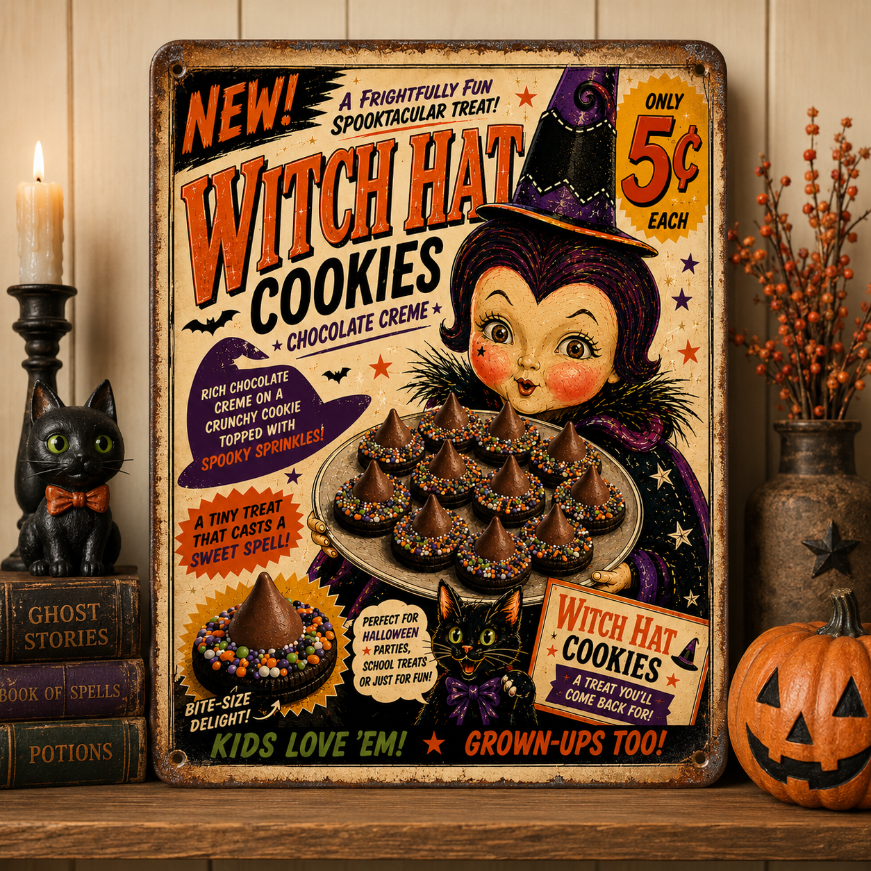 Colorful Halloween-themed vintage poster advertising Witch Hat Cookies, chocolate creme with sprinkles, priced at 5 cents each. The poster features a whimsical witch girl in a witch hat holding a tray of small, decorated chocolate cookies. The backgr