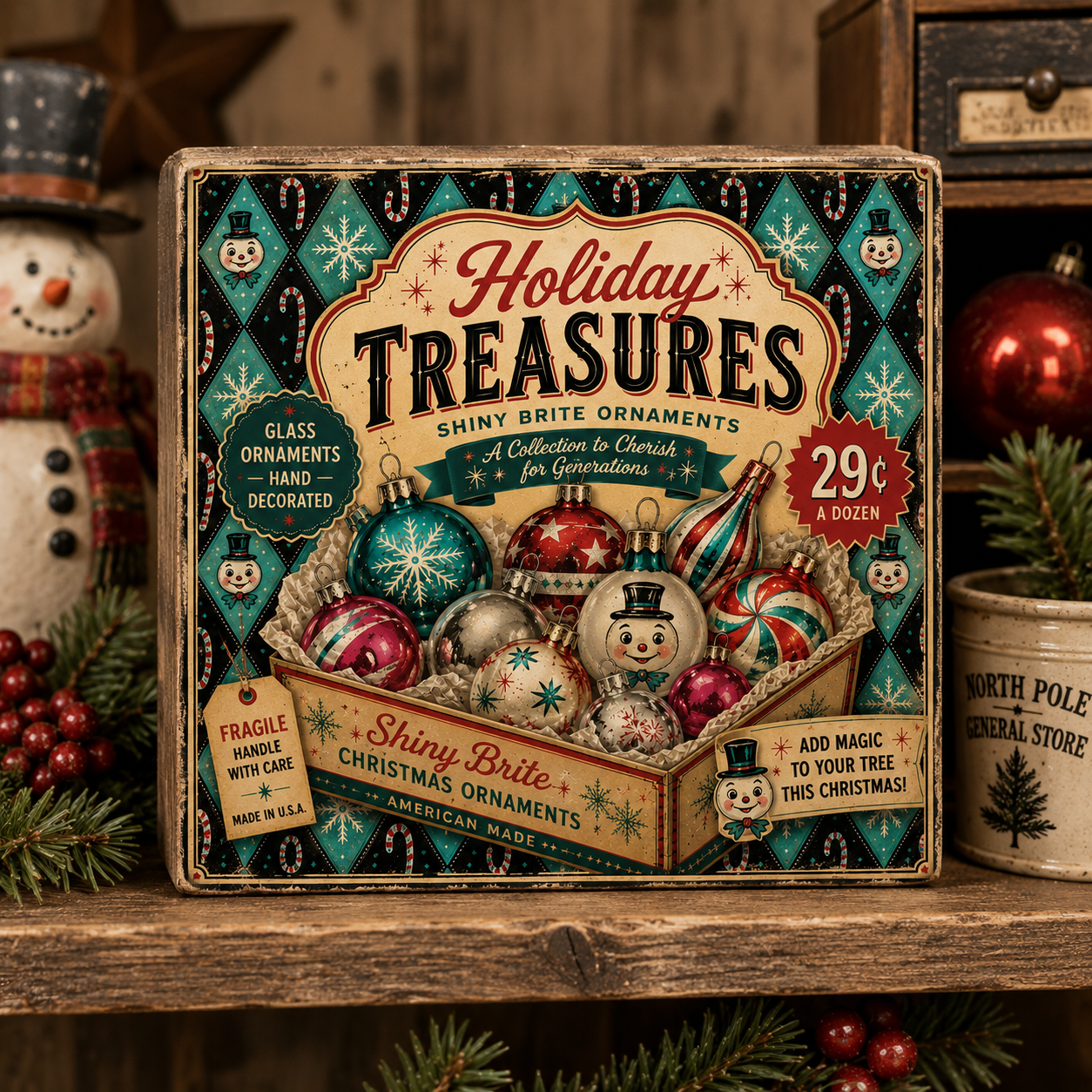 A box of vintage-style Christmas ornaments labeled 'Holiday Treasures,' featuring shiny bright ornaments with snowflake and snowman designs, priced at 29 cents per dozen, with descriptions highlighting that the glass ornaments are hand-decorated, fra