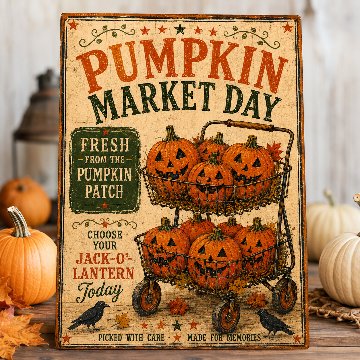 Decorative sign for pumpkin market day with pumpkins and autumn leaves.