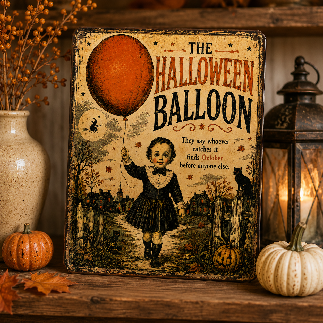 A vintage Halloween decoration with a girl holding a hot air balloon shaped like a pumpkin, surrounded by autumn leaves, pumpkins, and fall decor. The sign reads: "The Halloween Balloon. They say whoever catches it finds October before anyone else."