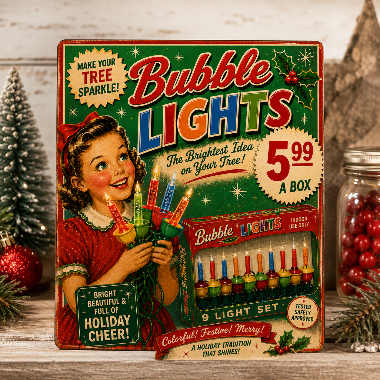 Box of Christmas bubble lights with vintage-style holiday packaging, featuring a girl holding lit bubble lights decorated like candles, with Christmas trees and ornaments in the background.