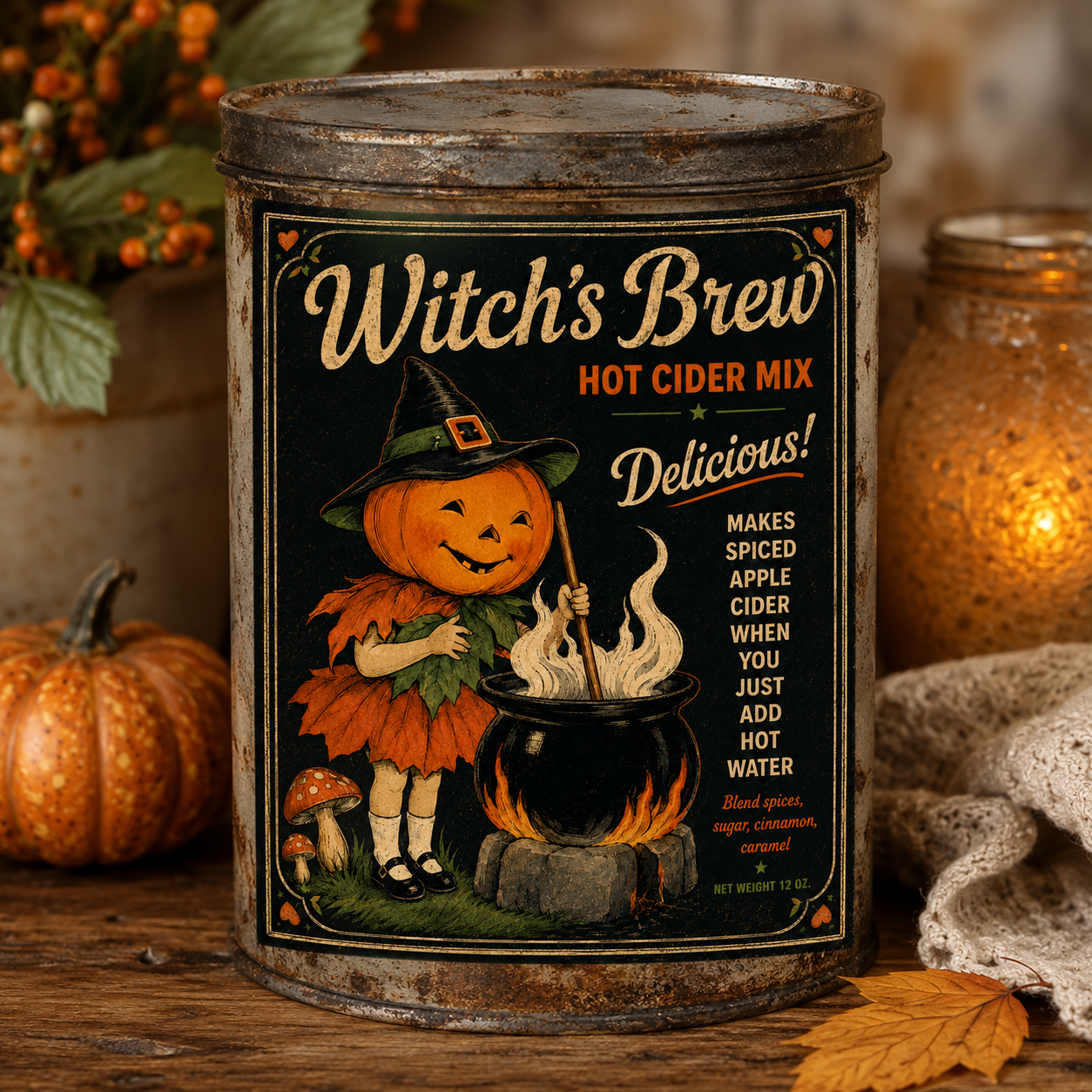 A vintage-style can of Witch's Brew hot cider mix featuring a cartoon Halloween character with a pumpkin head wearing a witch's hat, stirring a cauldron over a fire on a decorated autumn table surrounded by pumpkins, fall leaves, and cozy decor.