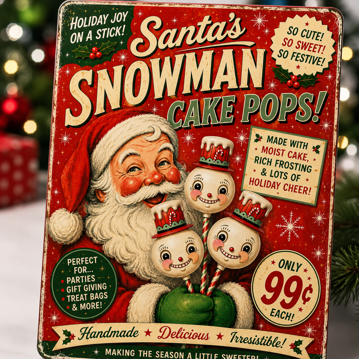 A vintage-style holiday advertisement for Santa's Snowman Cake Pops featuring a smiling Santa Claus illustration holding three cheerful cake pops with faces and Santa hats, surrounded by festive text and decorations, priced at 99 cents each.