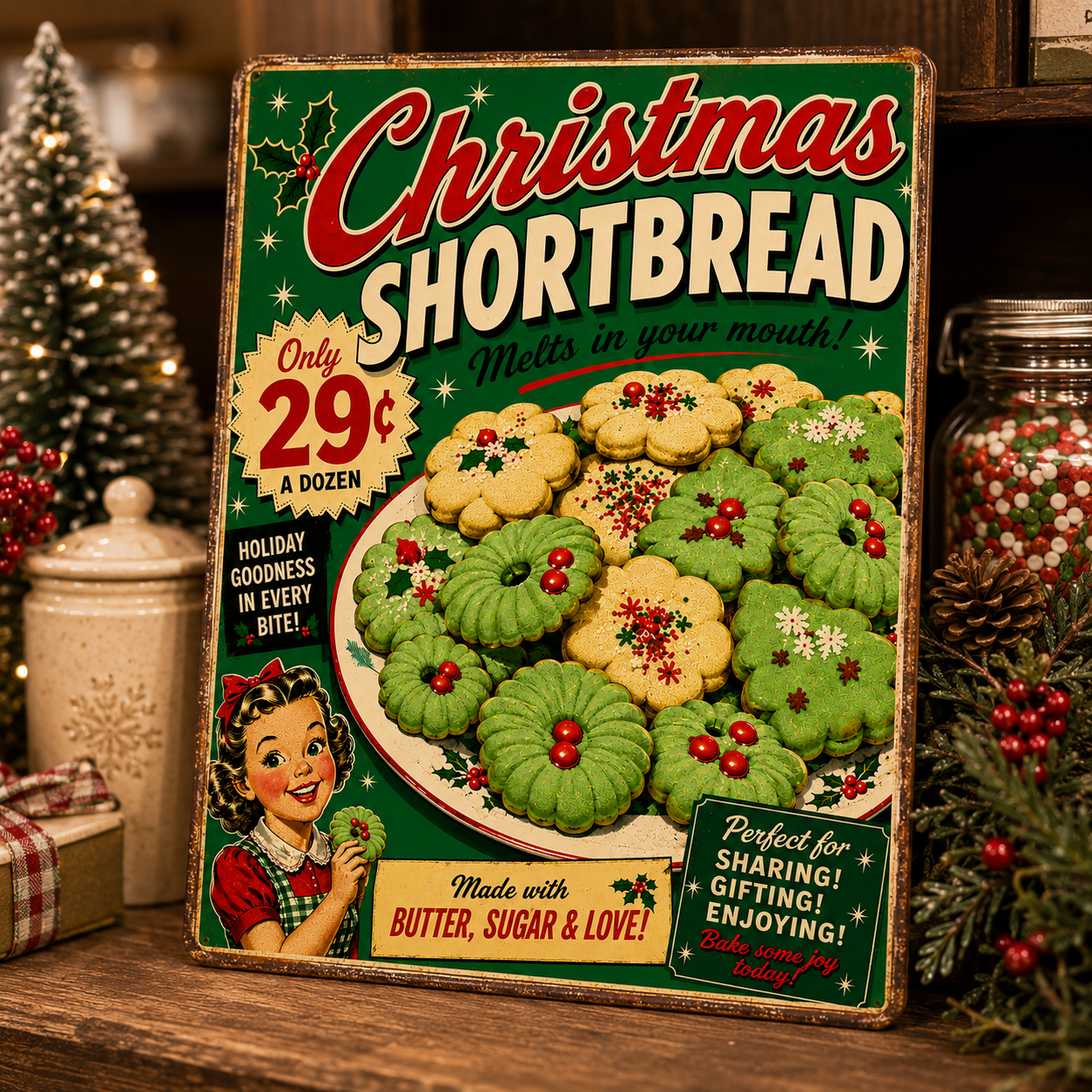Vintage-style advertisement sign for Christmas shortbread cookies decorated with holiday motifs like holly, snowflakes, and berries, priced at 29 cents a dozen.