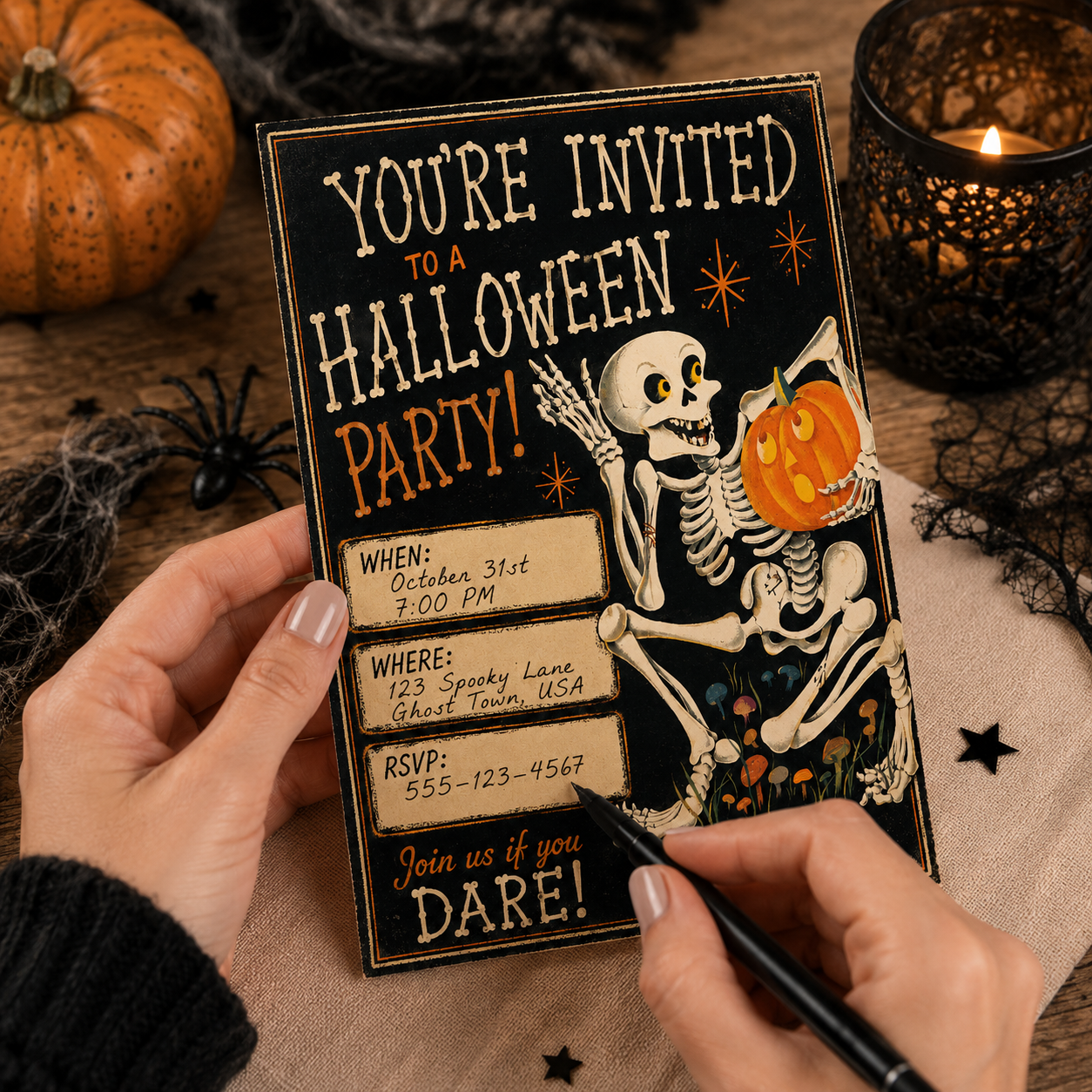 A Halloween party invitation featuring a skeleton holding a pumpkin, with event details written on the card, surrounded by Halloween decorations such as a pumpkin, candle, spider, and black star confetti.