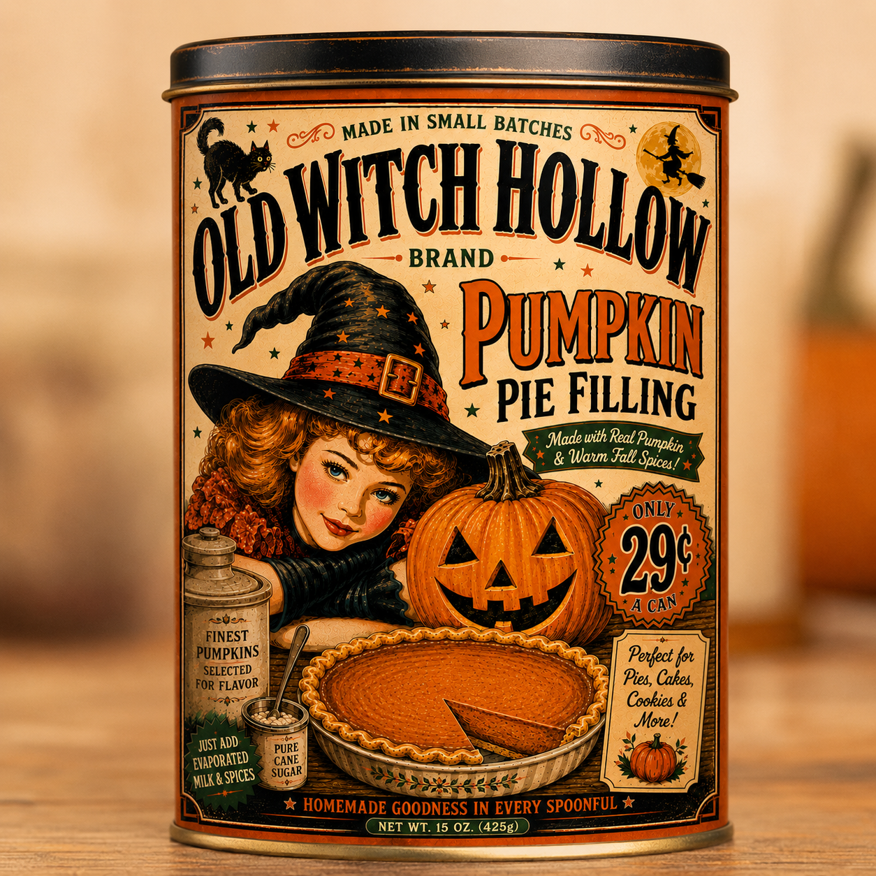 A vintage-style Halloween-themed can of Old Witch Hollow Pumpkin Pie Filling. The label features a smiling witch with curly hair wearing a black hat with an orange band, a carved pumpkin, a pie with a slice missing, and a small jar of sugar. The labe