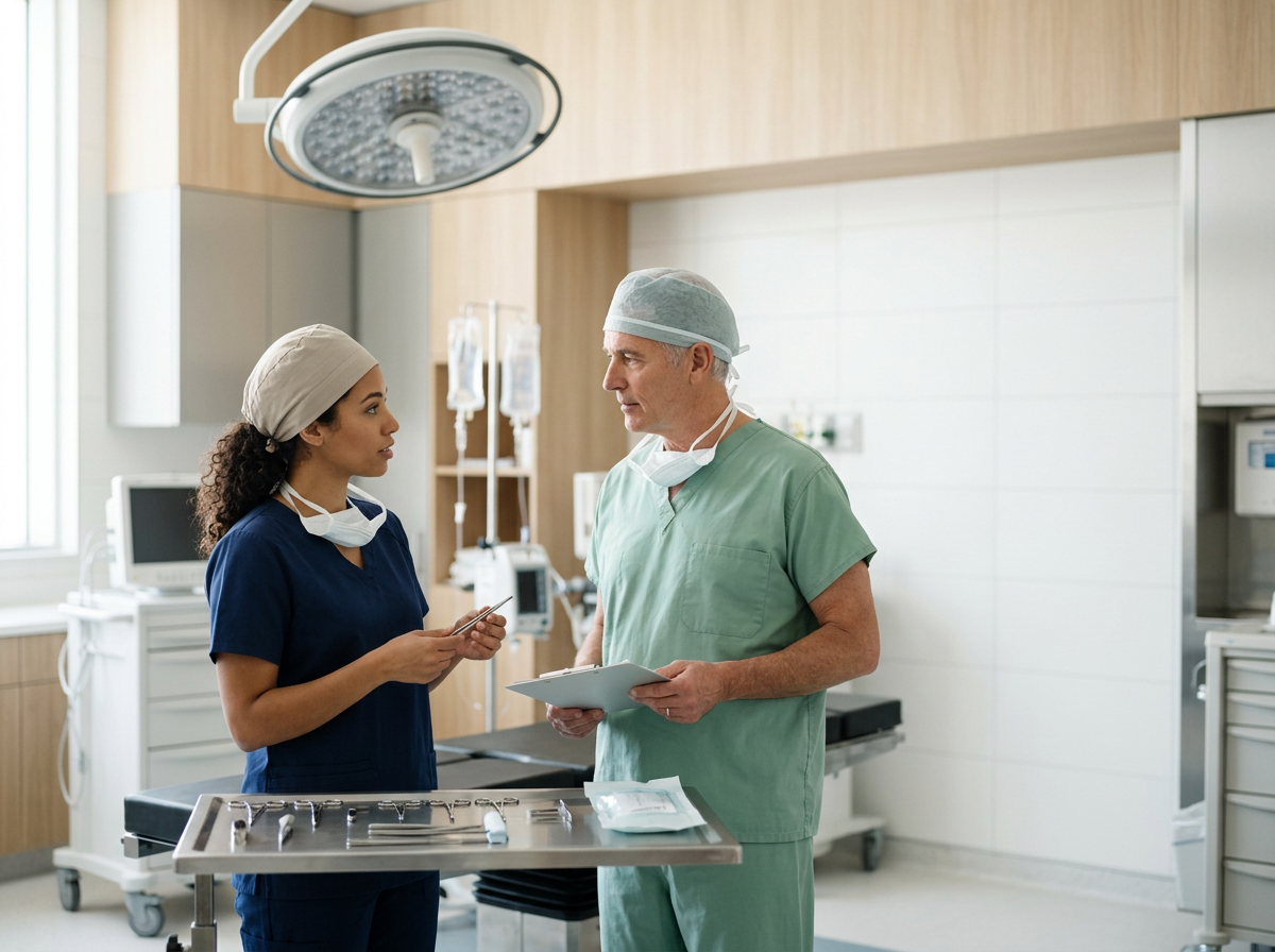 Two healthcare professionals, a female nurse and a male doctor, are engaged in a discussion in an operating room with medical equipment, surgical tools, and a surgical light overhead.