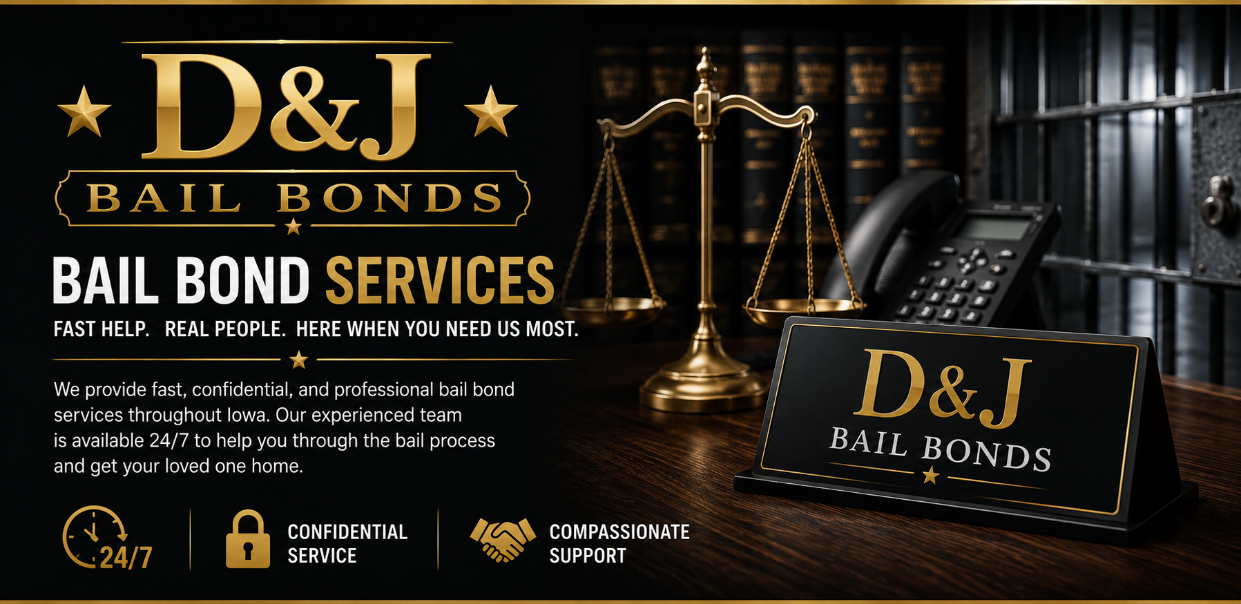 D&J Bail Bonds logo – 24/7 bail bond services serving Des Moines, Fort Dodge, Indianola, Newton, Adel, Ames and communities throughout Iowa.