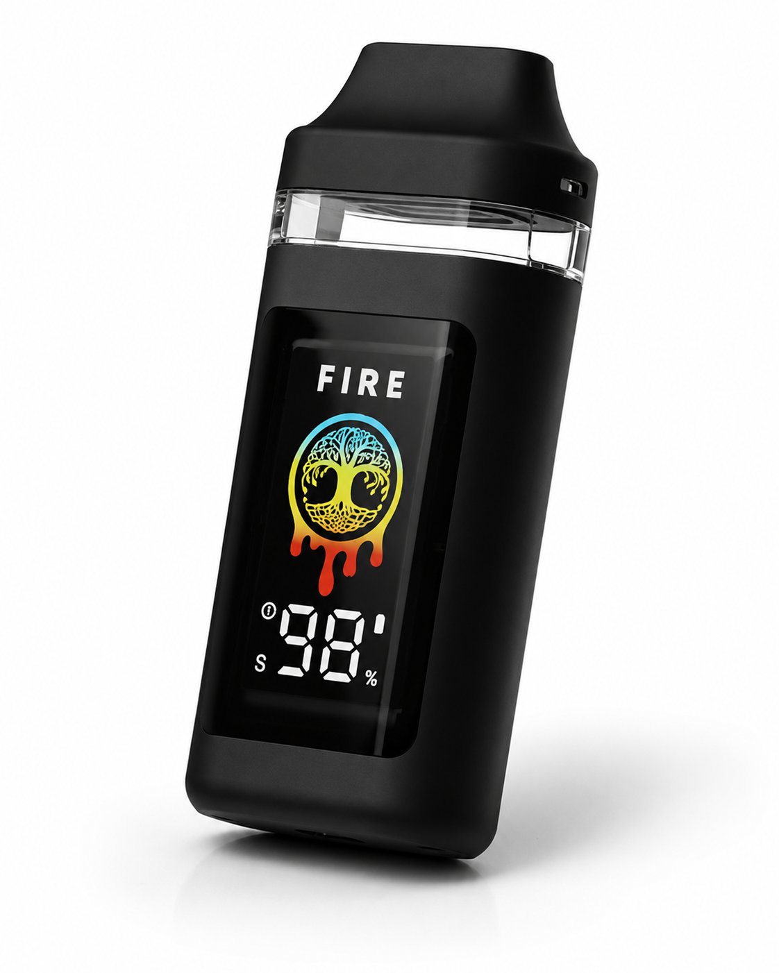 A black vaporizor with a digital screen displaying 98%, decorated with a colorful fire symbol and a tree logo.