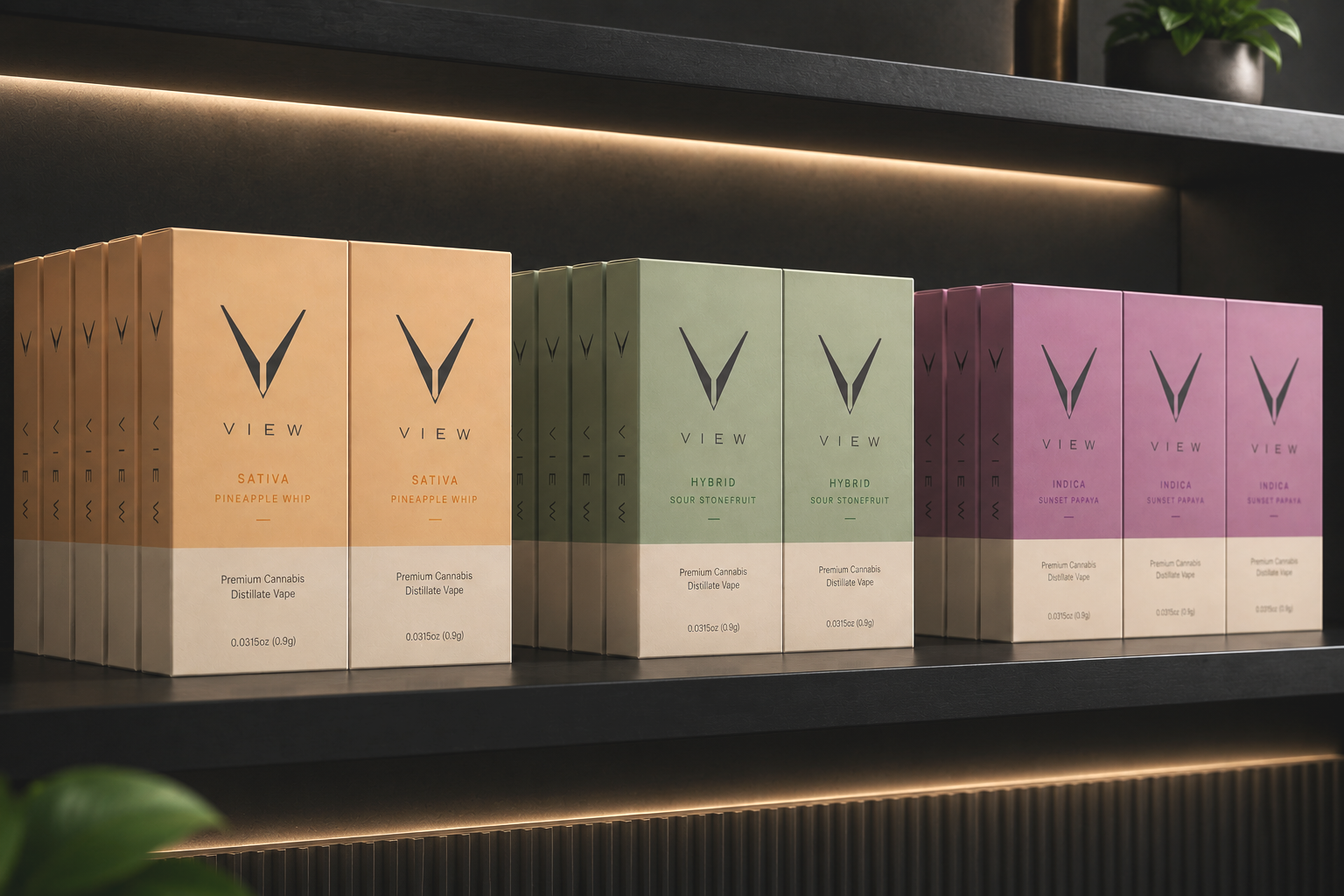 Cannabis product boxes on a black shelf, with flavors including Sativa Pineapple Whip, Hybrid Sour Stonefruit, and Indica Sunset Papaya, in a modern store setting.