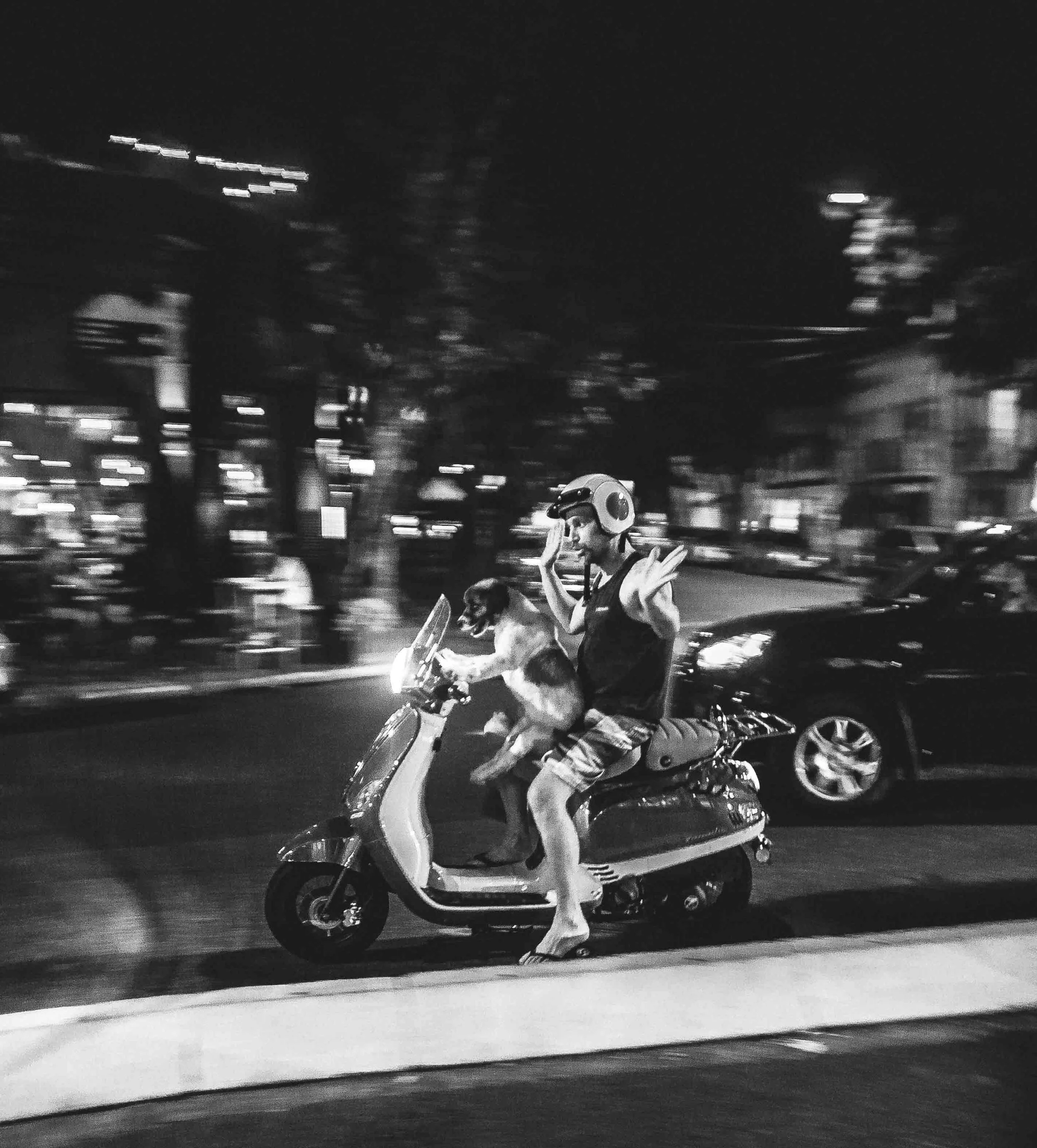 A person riding a scooter at night, wearing a helmet and glasses, with a dog sitting in front of them. The background is blurred with streaks of light, indicating movement.