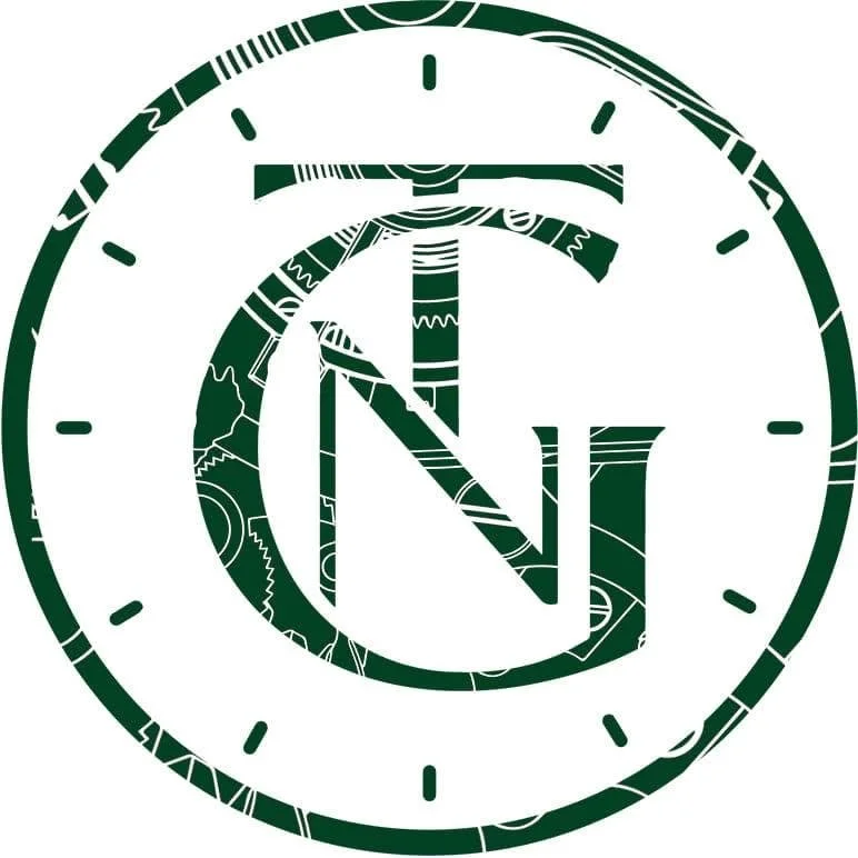 Stylized clock face with a central logo combining the letters 'G' and 'N', surrounded by hour marks.