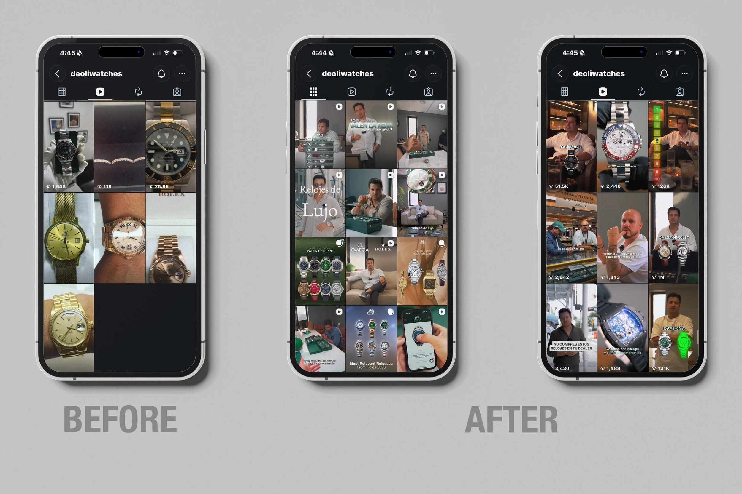 Comparison of social media feed layouts on three smartphones, showing a before and after redesign of a watch-focused account.