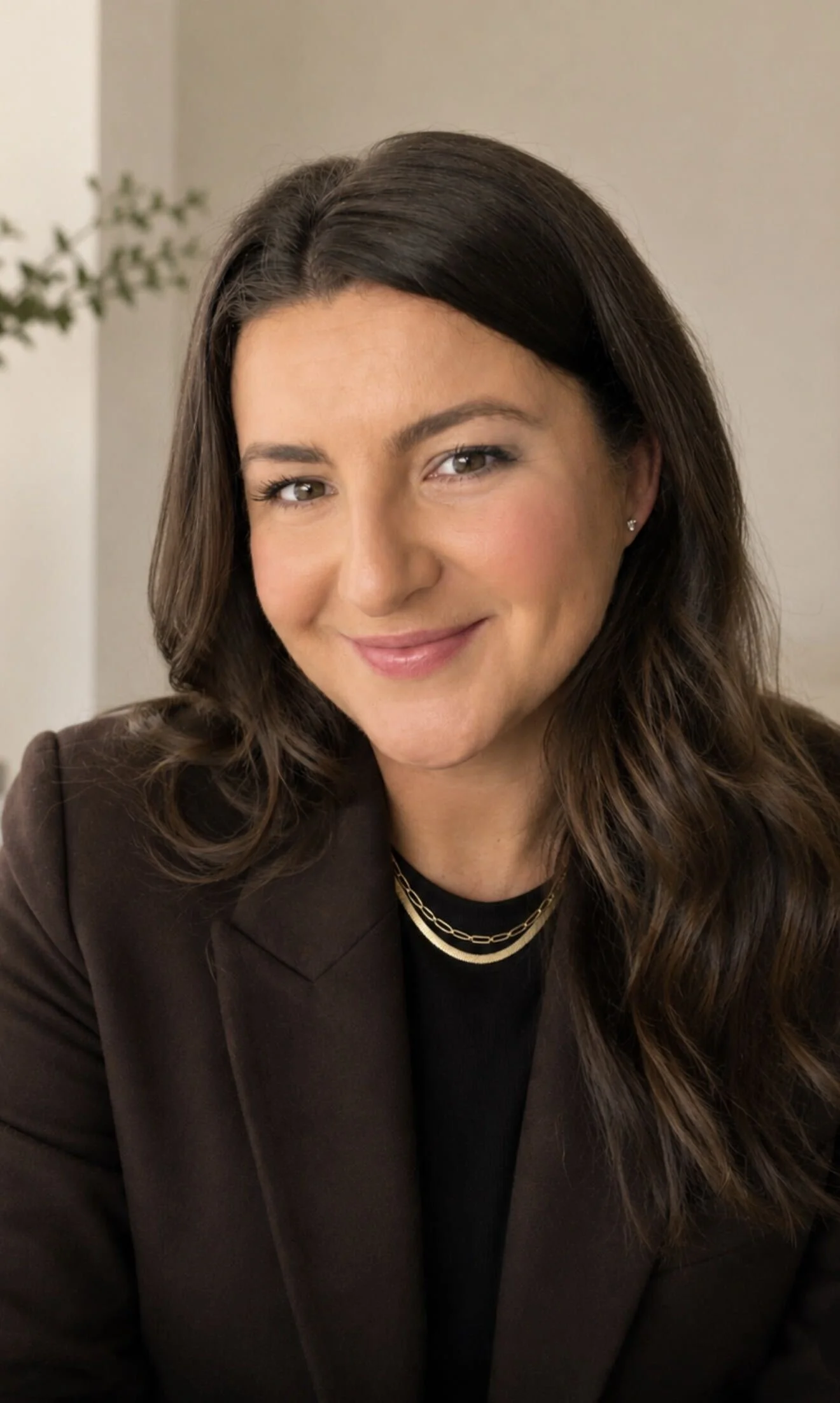 Close-up of Considered Founder, Julie Wikert, with brown hair, wearing a dark blazer, gold necklace, and earrings, smiling at the camera, in an indoor setting with a neutral background.