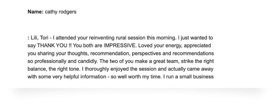 Screenshot of a typed message addressed to Cathy Rodgers, praising Lili Tori for her energy, professionalism, and helpful information during a rural session.