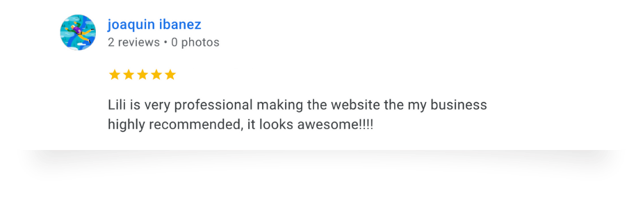 Screenshot of a review from Joaquin Ibanez praising a website created by Lili, with five stars and comments about her professionalism and the website's appearance.