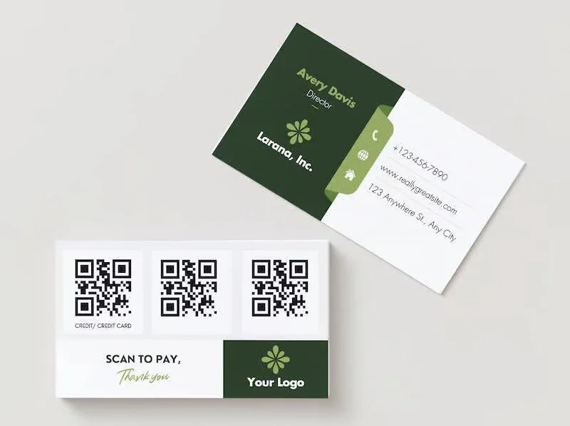 Business card and payment QR code sticker on a white surface. The business card displays the name Avery Davis, title Director, and company Laranja Inc., with a green flower logo and contact details. The QR code sticker has three QR codes for payment options and a thank you message below, with a placeholder logo.