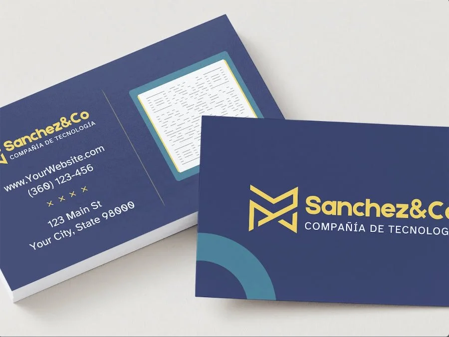 Business cards for Sanchez&Co, a technology company, with a blue and yellow logo and contact information.