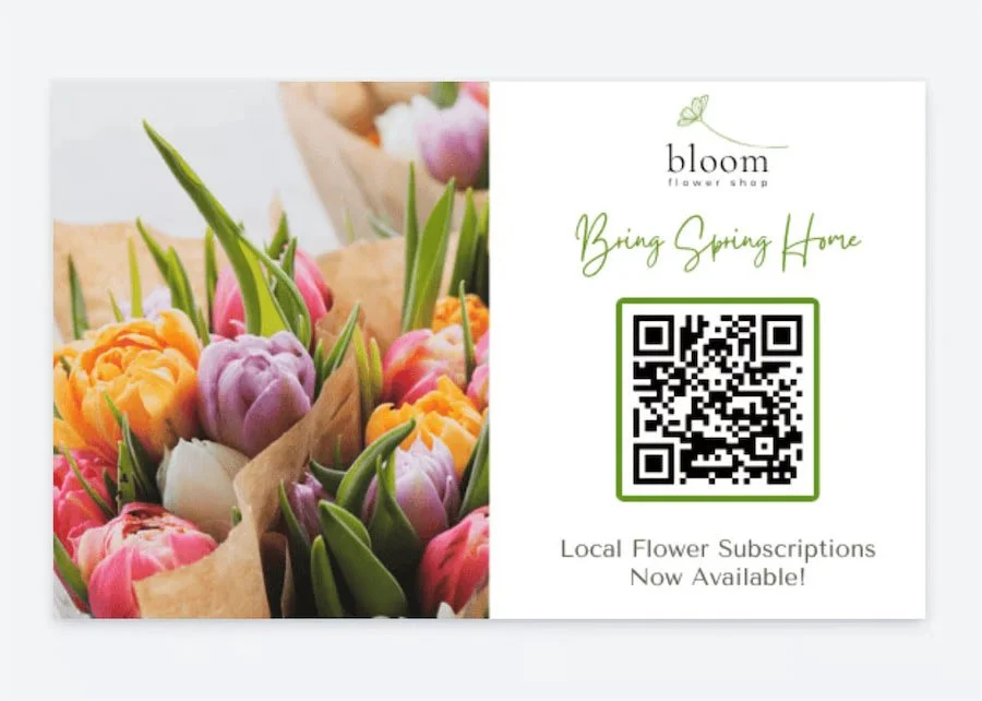 A flyer for Bloom Flower Shop featuring a bouquet of colorful tulips and a QR code for local flower subscriptions.
