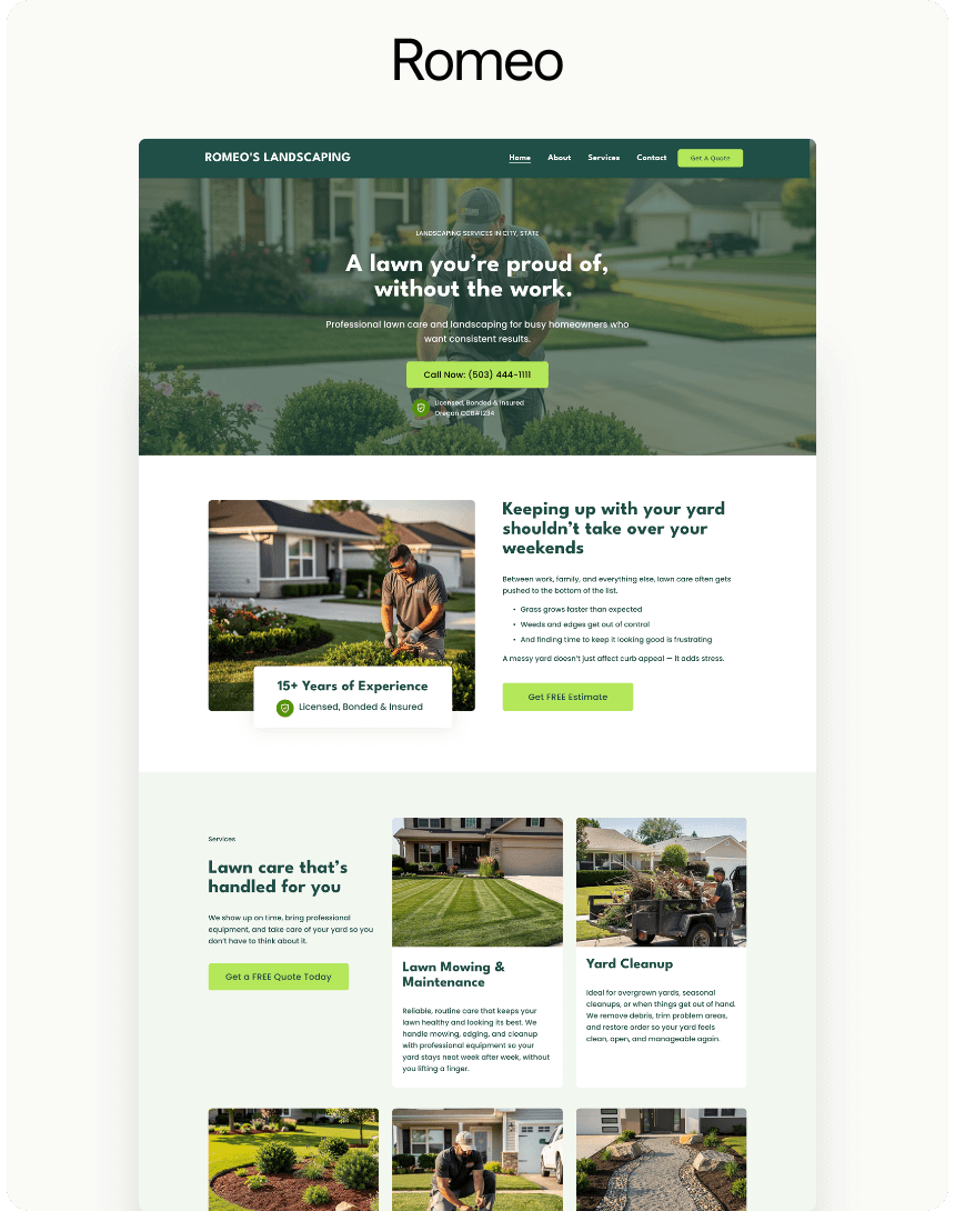 Screenshot of a landscaping company's website, Romeo's Landscaping, featuring a header with navigation links, a main banner with a lawn care message, a section highlighting 15+ years of experience, and various landscaping services including lawn mowing and yard cleanup, with green call-to-action buttons.