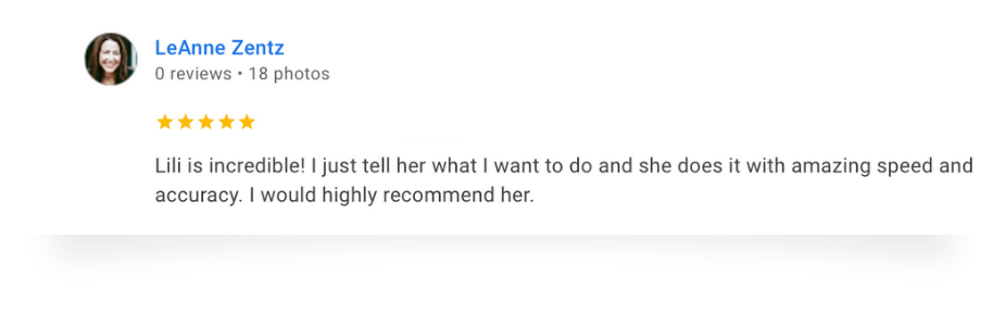 Screenshot of a Facebook review by LeAnne Zentz praising Lili for her speed and accuracy in doing tasks, with a five-star rating.
